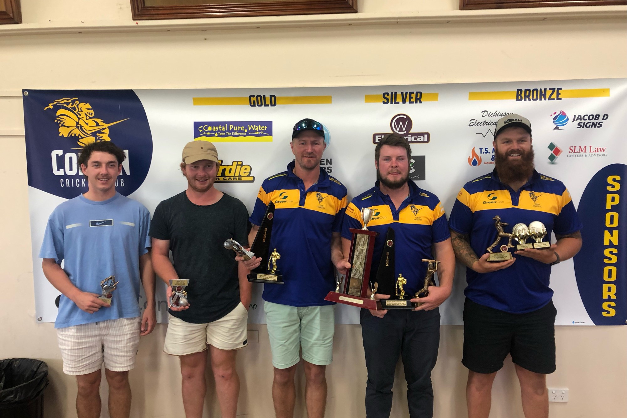 Division one awards winners (l-r) Matthew Kemp (coaches award), Paul Pekin (captain’s award), Simon Murfett (Cricketer of the Year, captain’s award), Johno Benallack (Cricketer of the Year, batting average and aggregate), Jackson Rock (bowling average and aggregate).