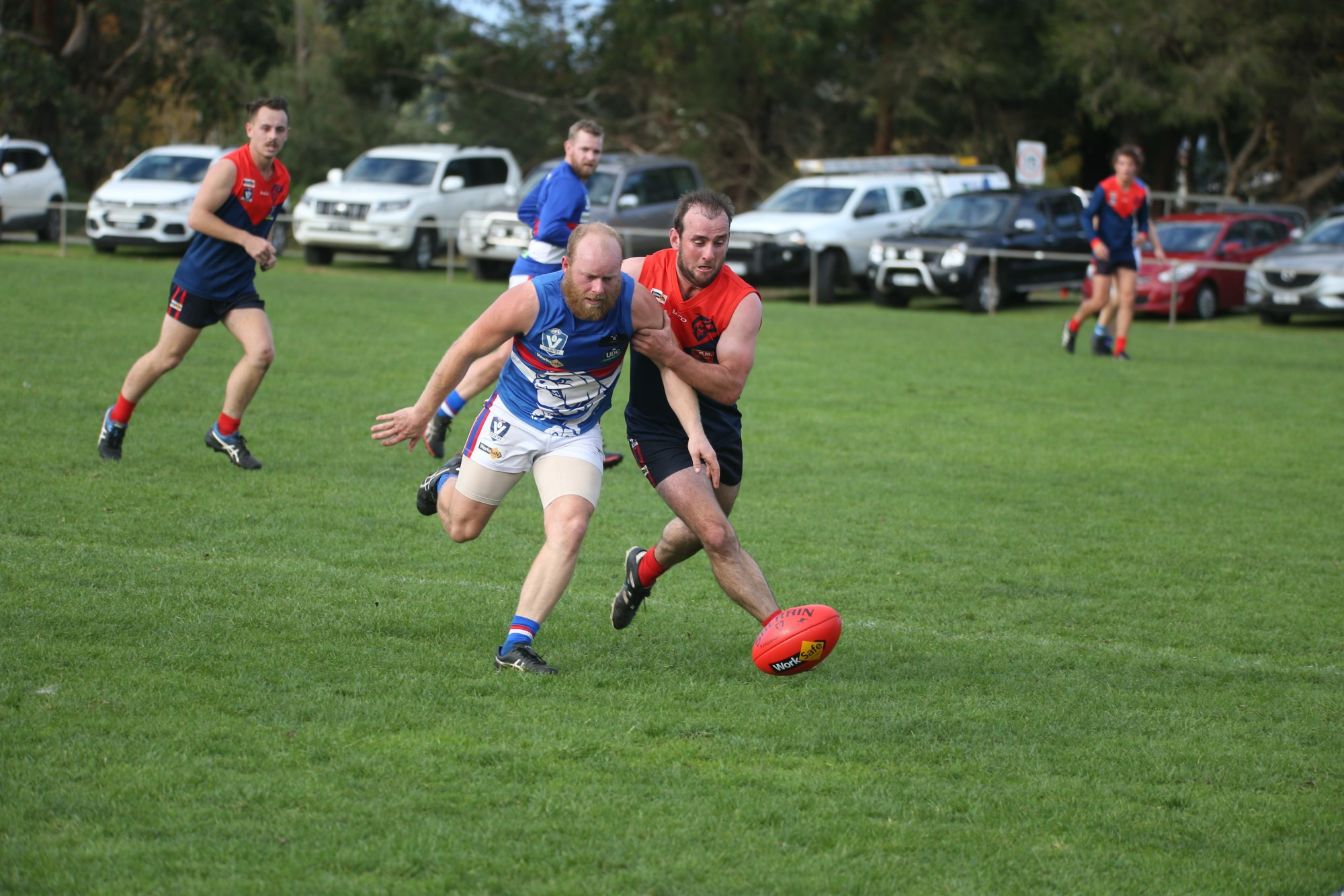 Timboon’s Ash Hunt battles with Panmure’s Brady Purcell.