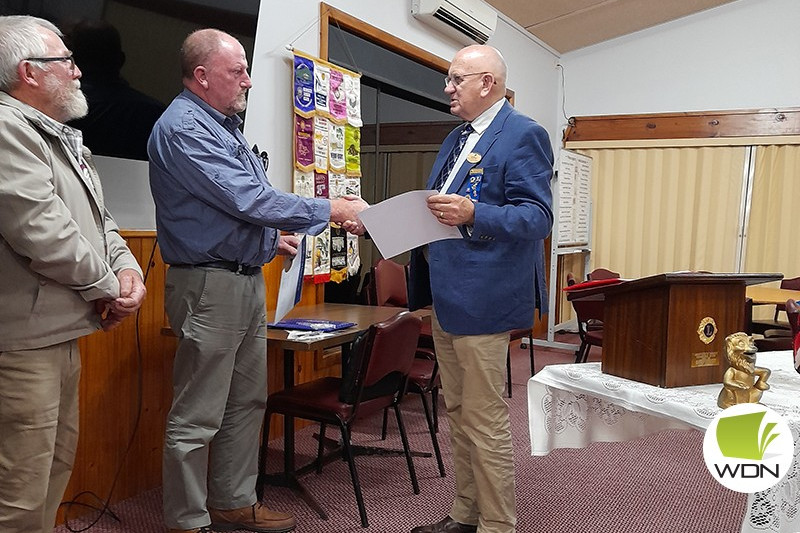 Lions District vice-governor Les Cropley, Ian Bryce and Timboon president Ken Ackerley (taken during the induction ceremony).