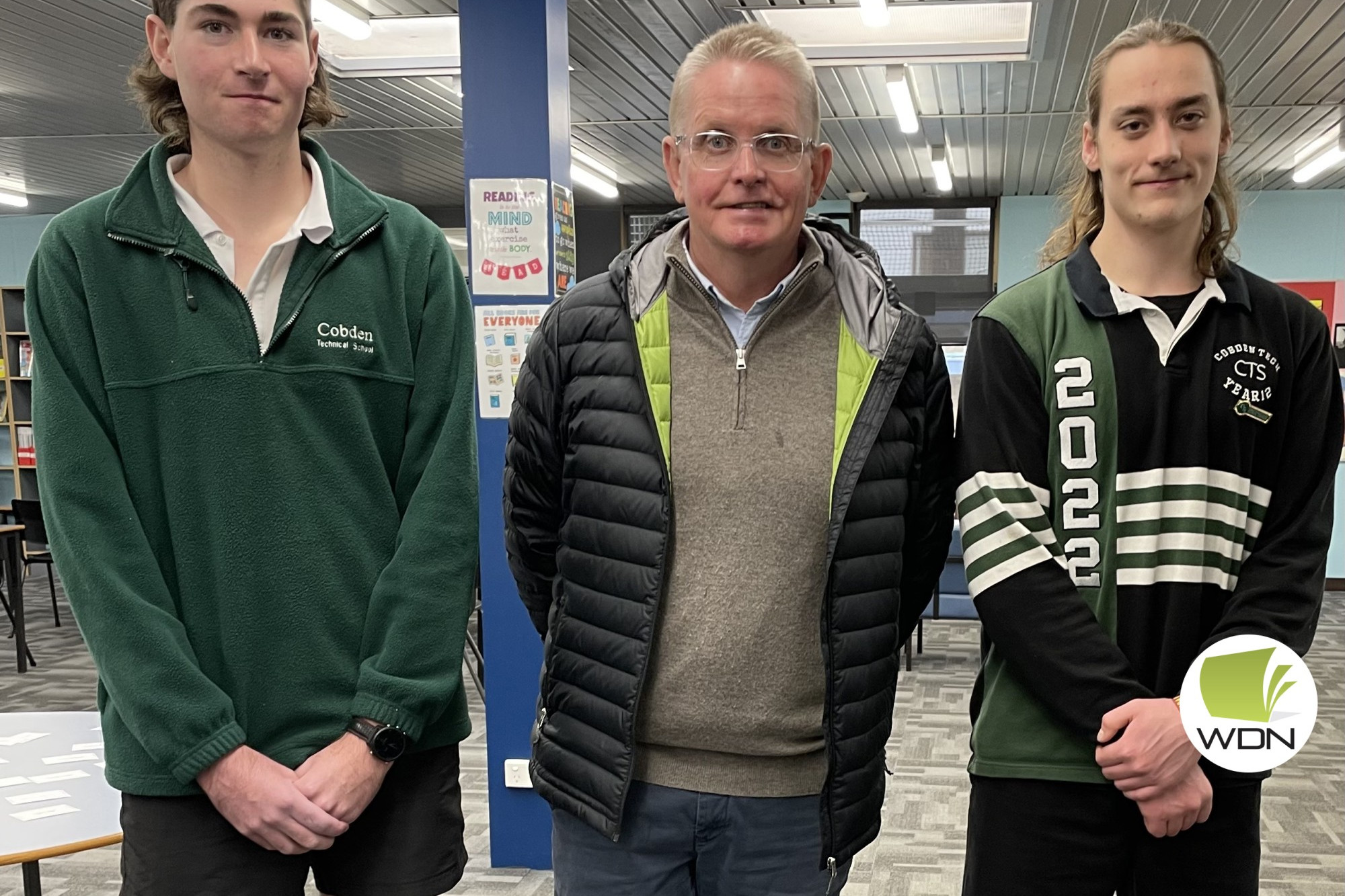 Making change: Cobden Technical School principal Rohan Keert (centre) with Willoughby Perris (left) and Brodie Foster.