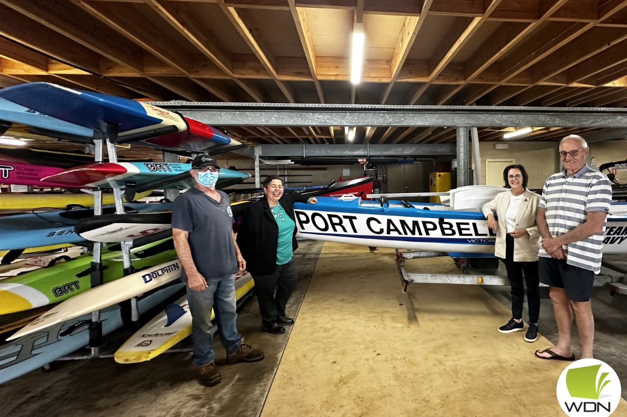 Funding: Port Campbell Surf Life Saving Club’s Philip Younis (left), Polwarth Labor candidate Hutch Hussein, Western Victoria Labor candidate Jacinta Ermacora and SLSC’s David McKenzie.