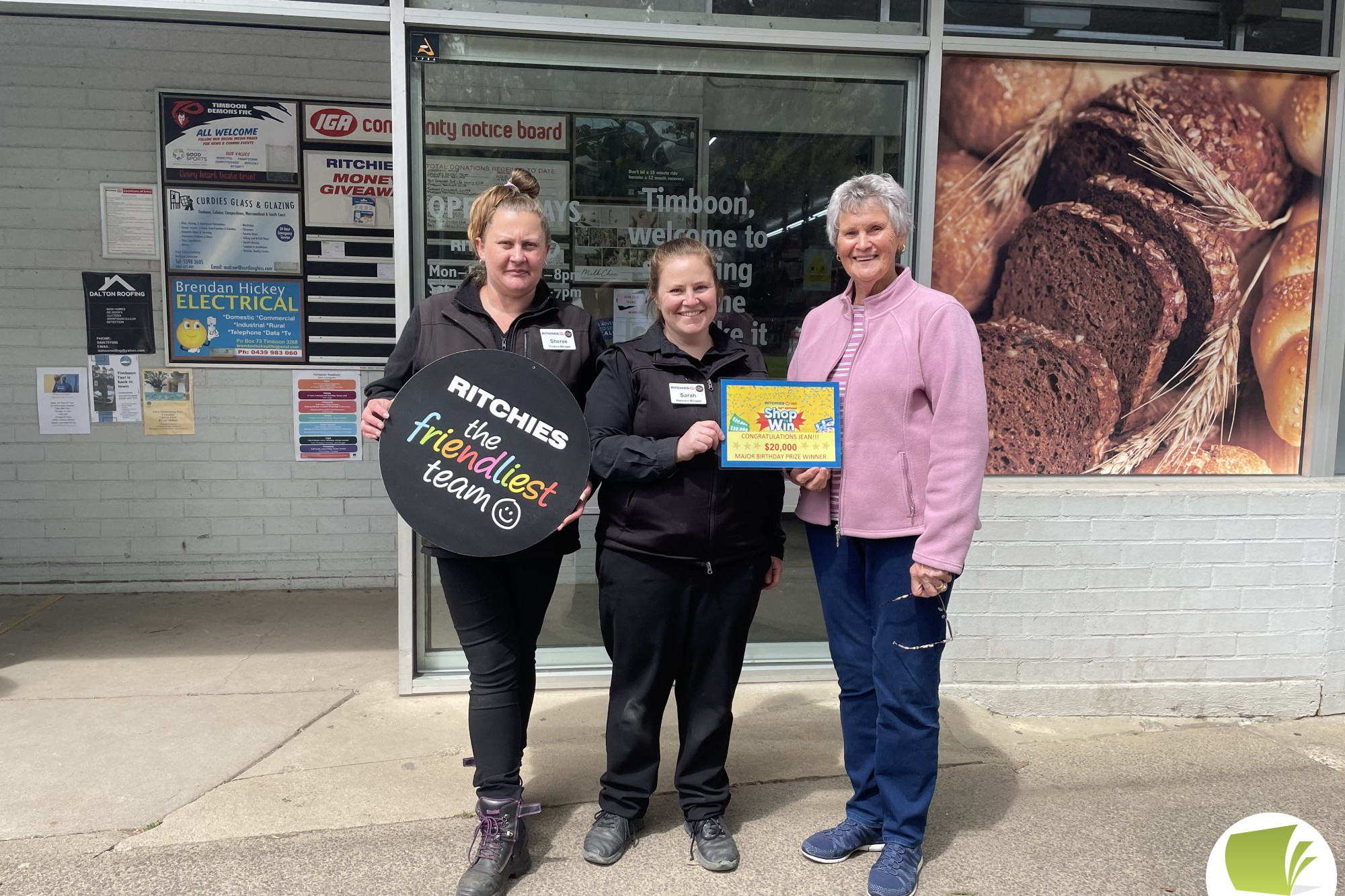 What a win: Ritchies IGA Timboon’s Sheree Johnstone and Sarah Pender congratulate Timboon’s Jean Clover who won $20,000 by shopping in-store recently.