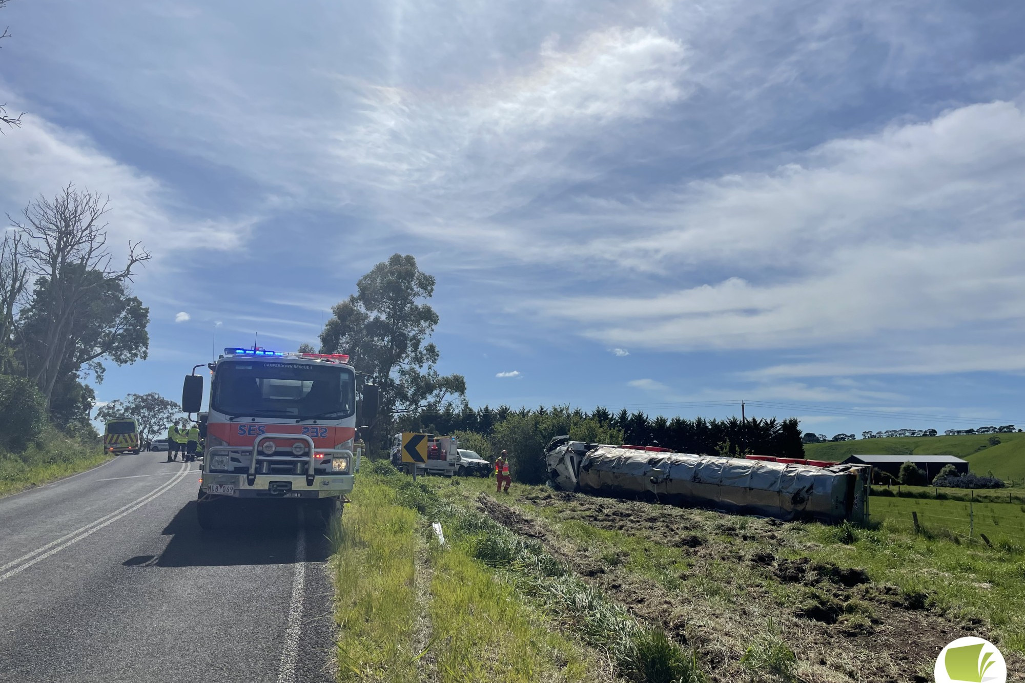 Working together: A man was airlifted following a single vehicle accident at Jancourt on Monday morning.