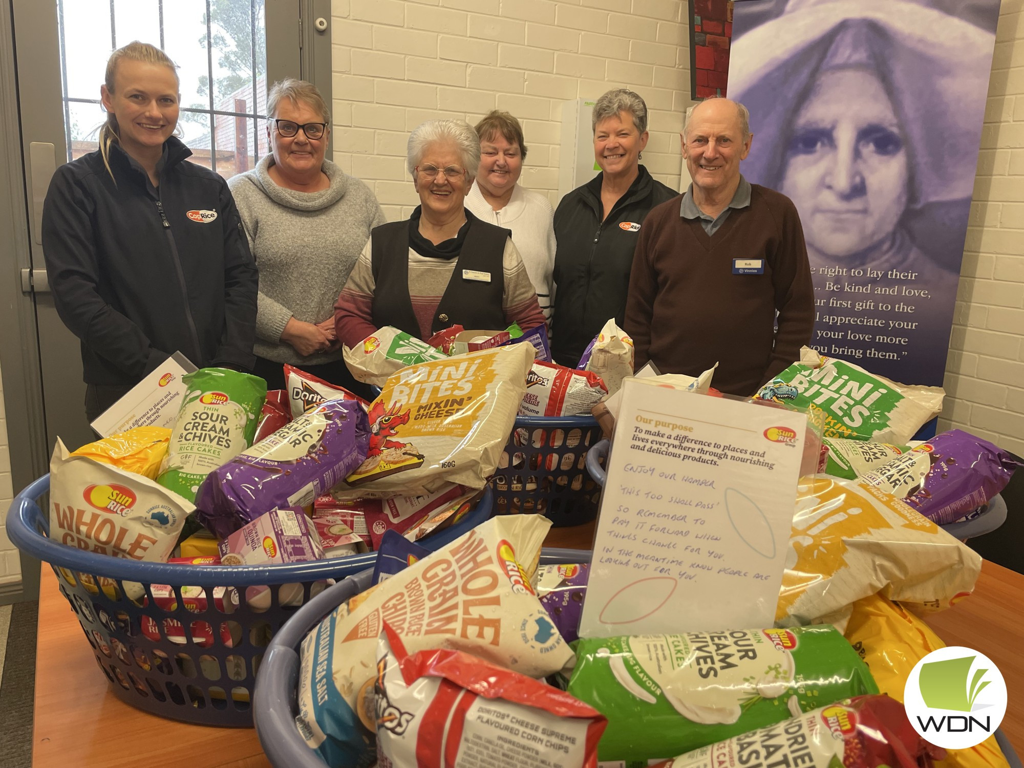 Vital support: CopRice Cobden workers have donated three baskets full of food to St Vinnies in Camperdown to be distributed through the regional distribution centre.