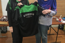 Cobden indoor bowlers Claire Reynolds (left) and Pam Savage laid out the come-and-try mat for visitors. 