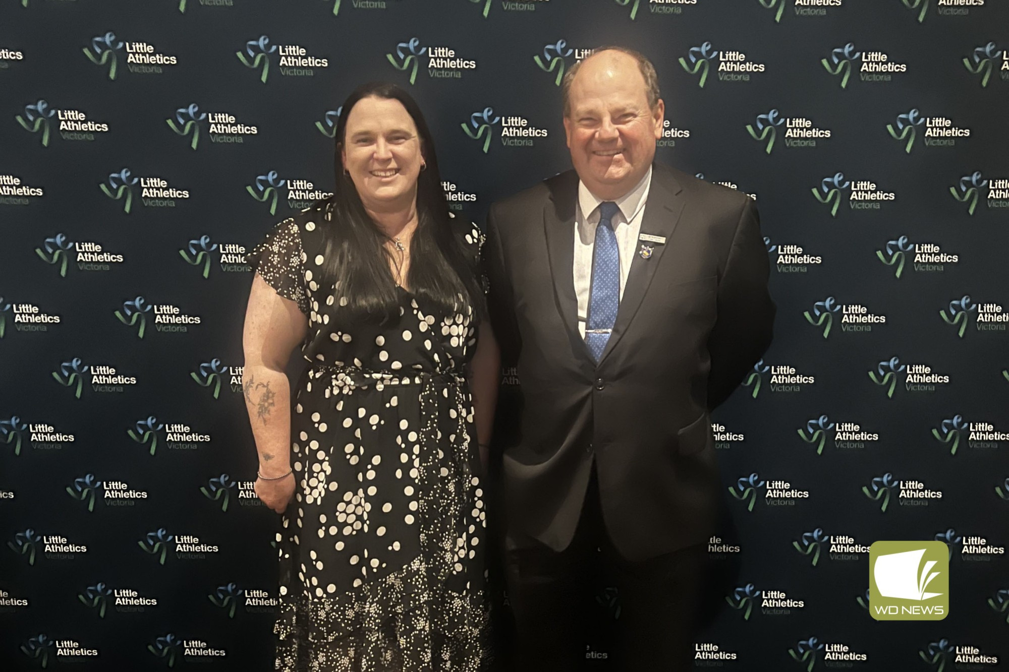 Winner of the Centre Official of the Year Award Cindy McDougall with Camperdown Little Athletic Centre stalwart Ross McIlveen who was presented with a service award from Little Athletics Victoria, also recognising six years on the board.