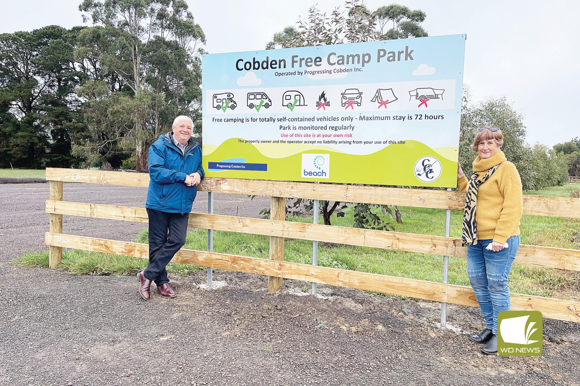 Warm welcome: Cobden Free Camp working group members Trevor Gardner and Wendey Matheson are excited to see the free camping spot open for visitors.