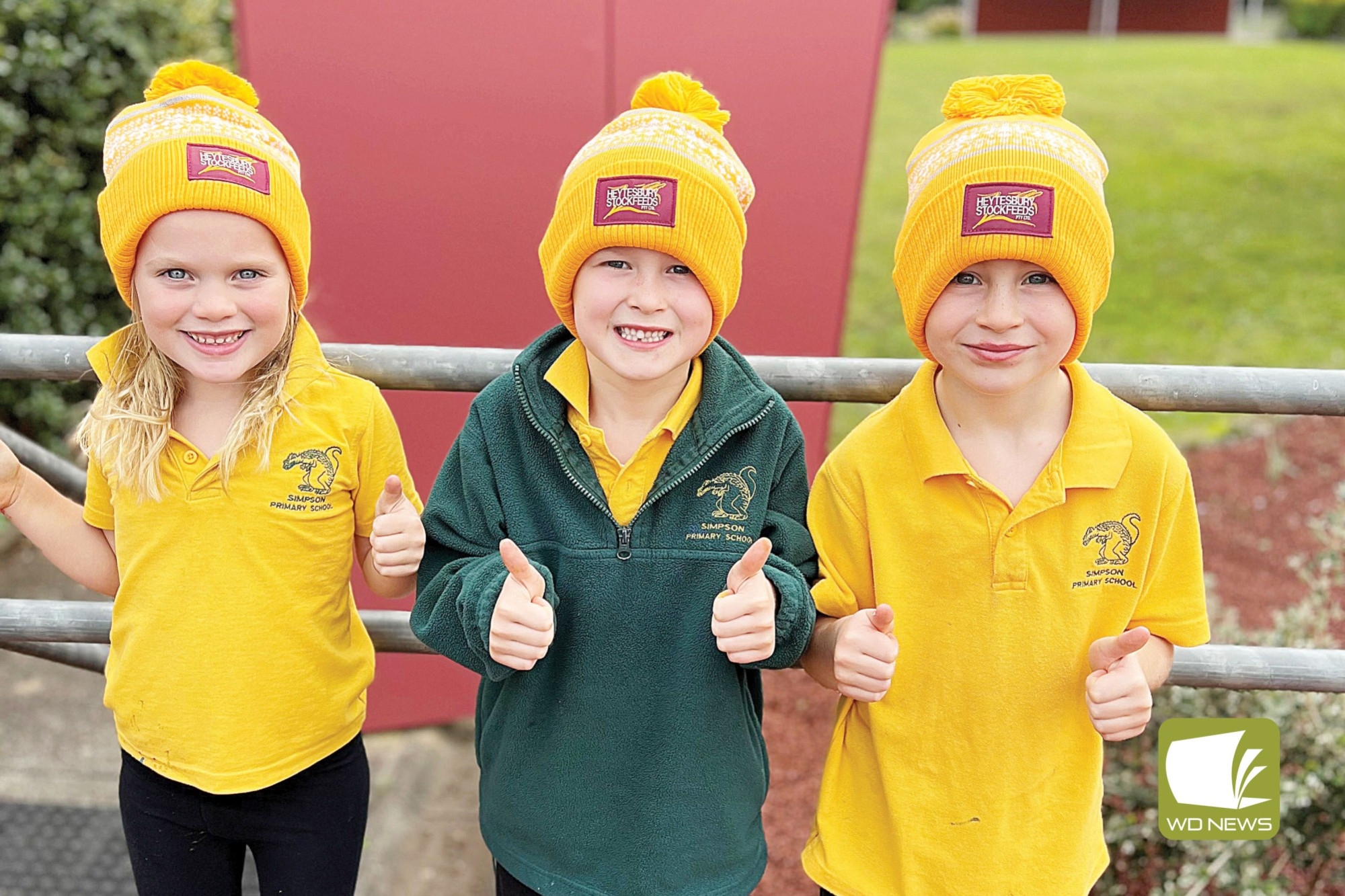 School partnership: Simpson Primary School’s Prep students received a new beanie thanks to a donation.