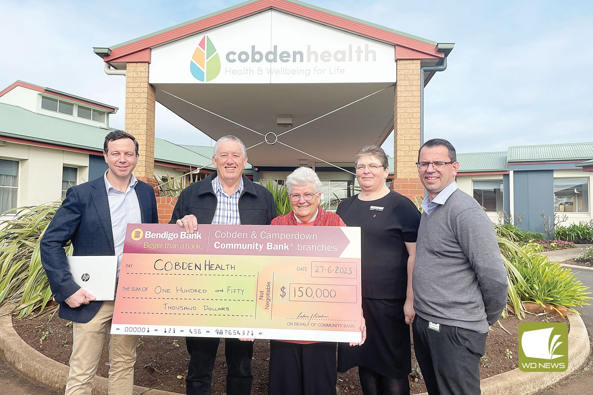 Cobdenhealth CEO Bill Tsimis and board chair Duncan Morris with Comwire IT director Lee Shrimpton who will oversee a major IT overhaul at Cobdenhealth thanks to a $150,000 donation from the Cobden and Camperdown Community Bank.