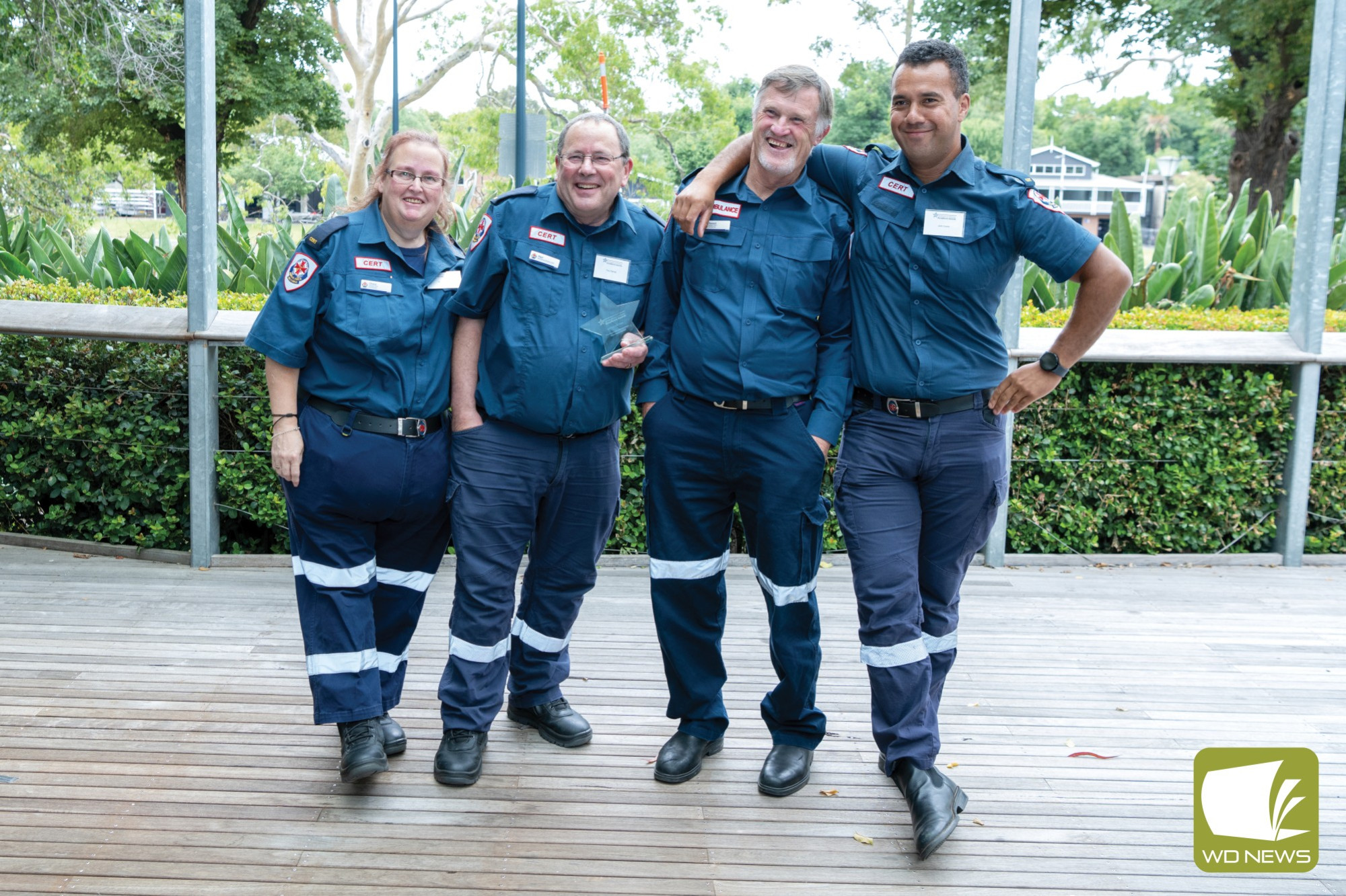 Congratulations: Simpson CERT members Cheryl Parsell, Paul Parsell, Russell White and Josh Ovens. Group members Bree Jones and Carol Dehn were unable to attend. Photo supplied by Ambulance Victoria/Mark Avellino.