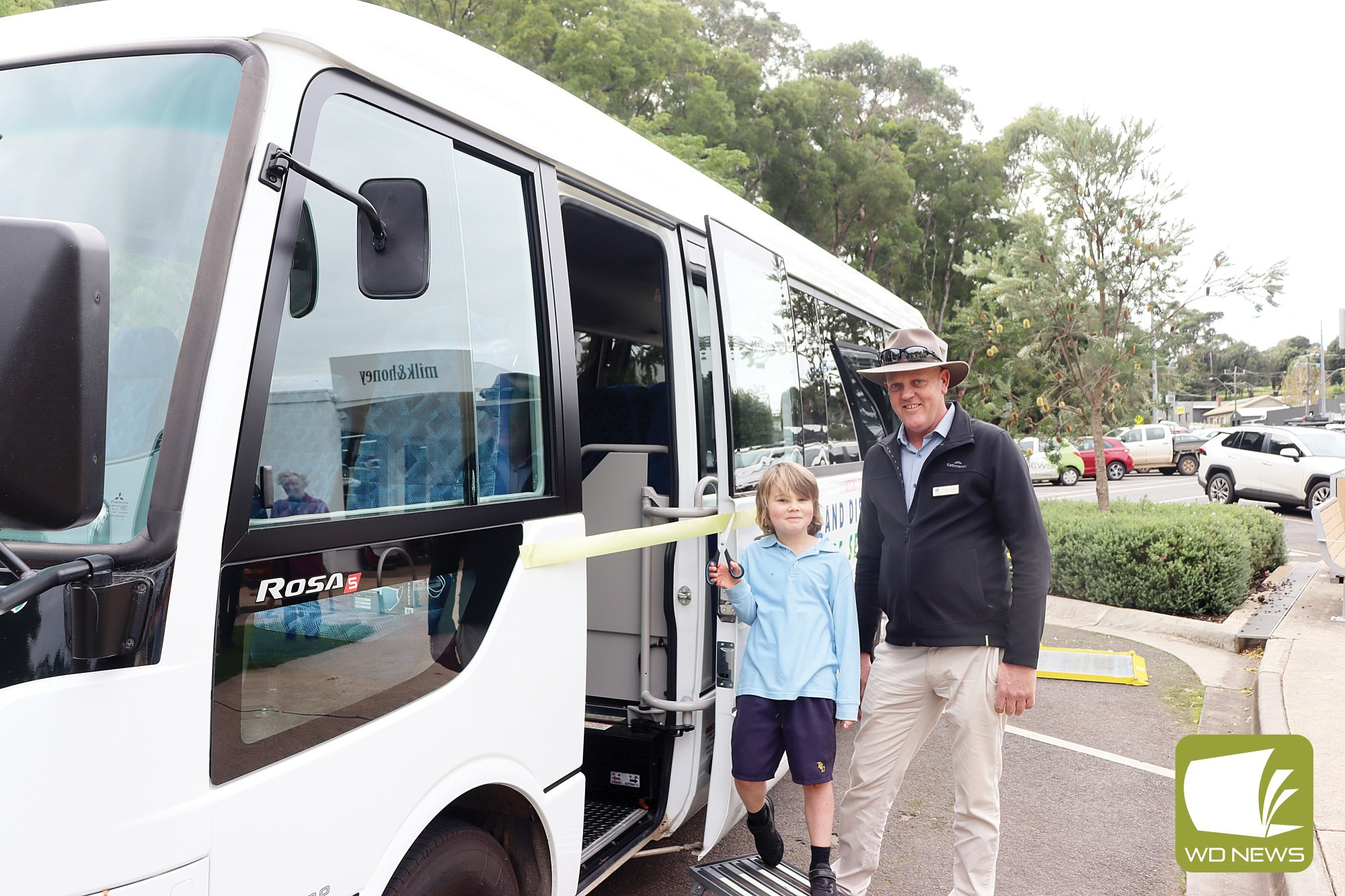 Goal achieved: Timboon P-12 School’s Finniss Wood and Corangamite Shire Councillor Jamie Vogels helped launch the new TDHS bus on Friday