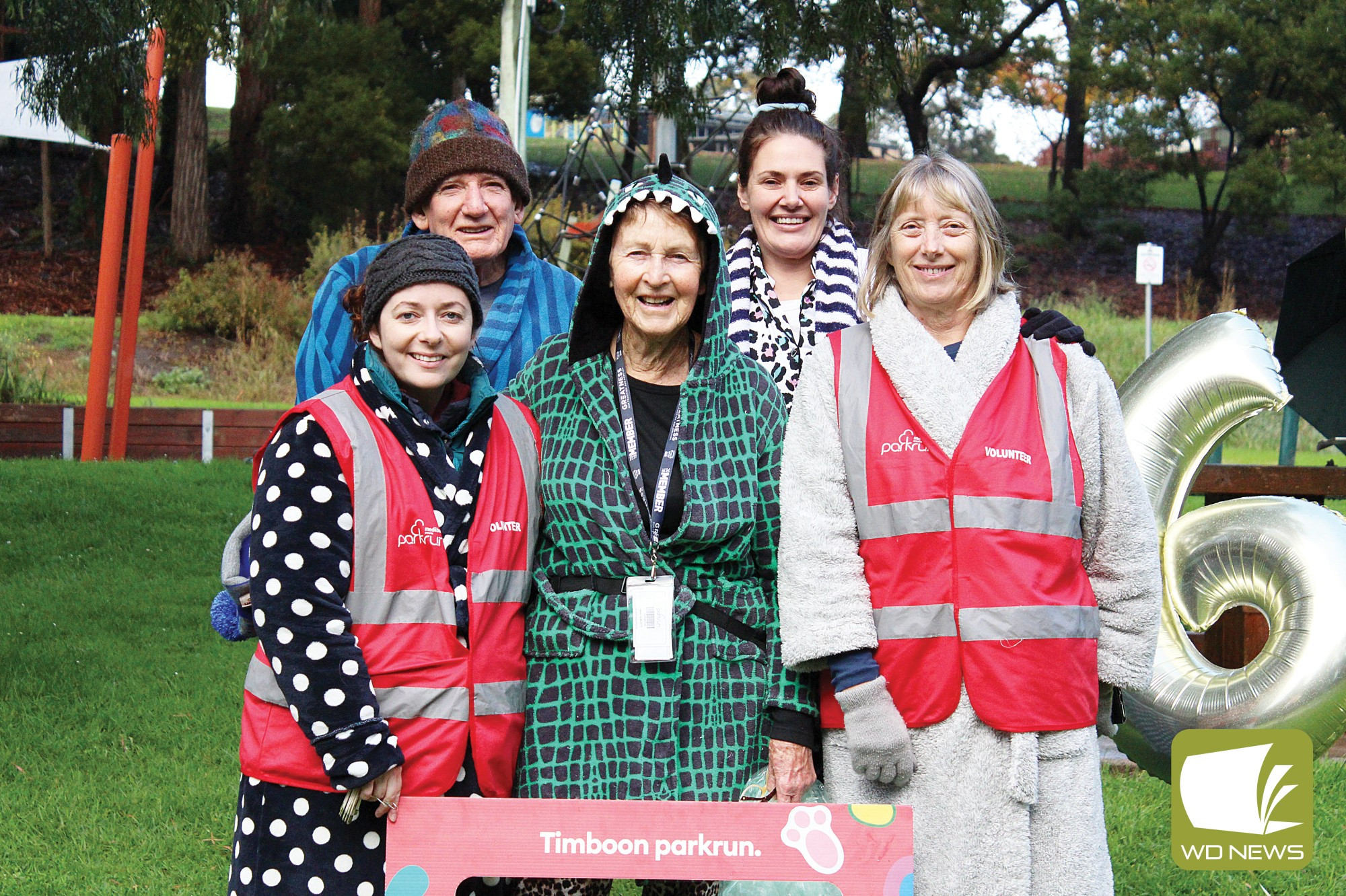 Happy birthday: Volunteers and participants at Timboon parkrun on Saturday were encouraged to wear their PJ’s as part of the celebration.