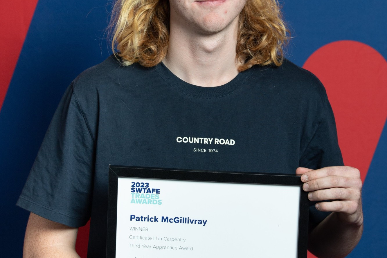 Congratulations: Cobden-based apprentice Patrick McGillivray was named Carpentry Apprentice of the Year at South West TAFE’s annual Trades Awards night last week.