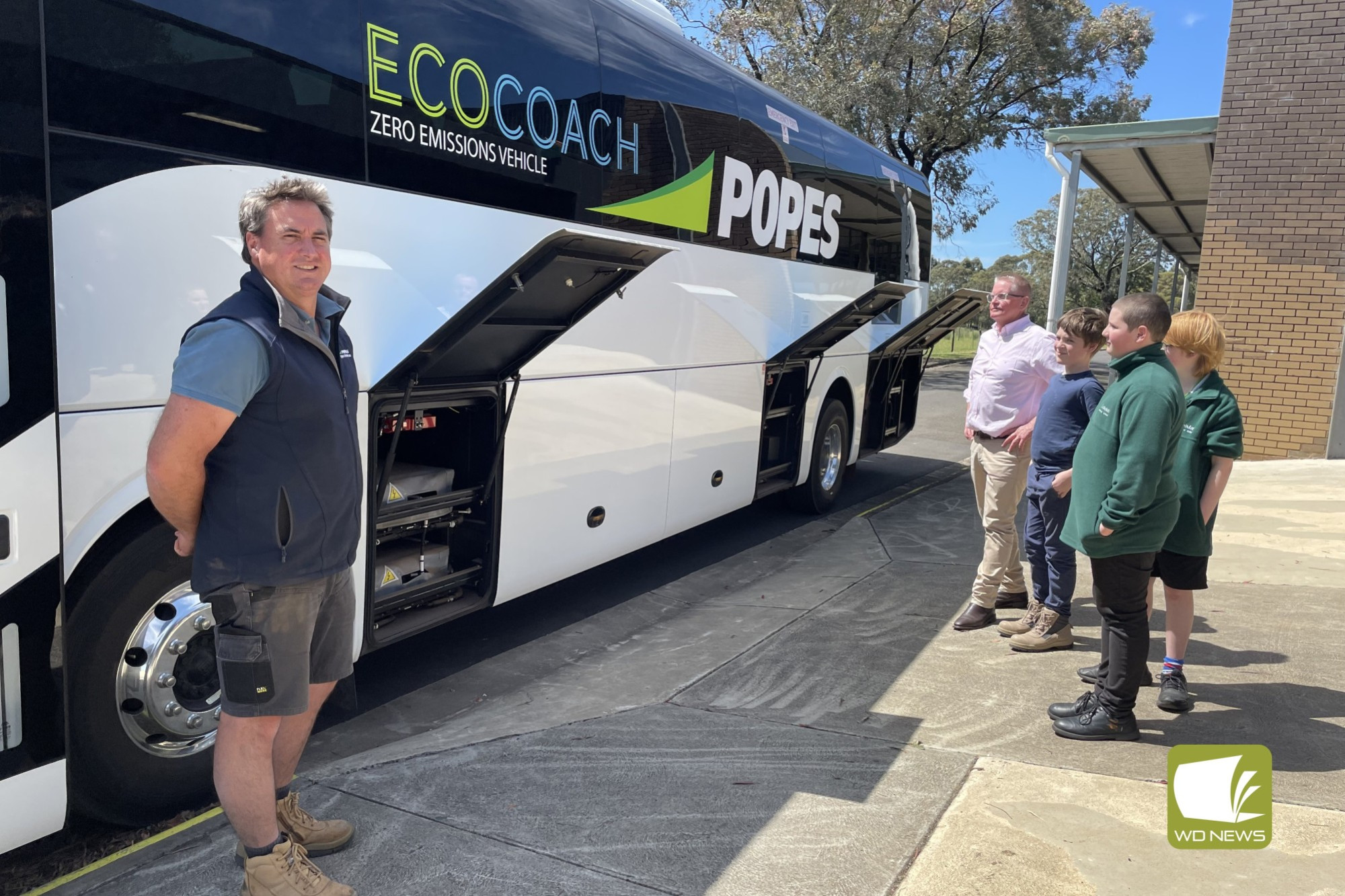 New technology: Popes Buslines director David Pope spent time at Cobden Technical School last week explaining the ins and outs of a new electric zero emissions bus the company is trialling.
