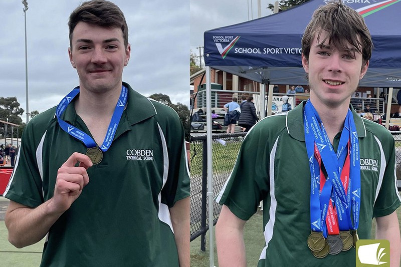 Jayden Gass with high jump medal and Rhys Sargood with his five medals.