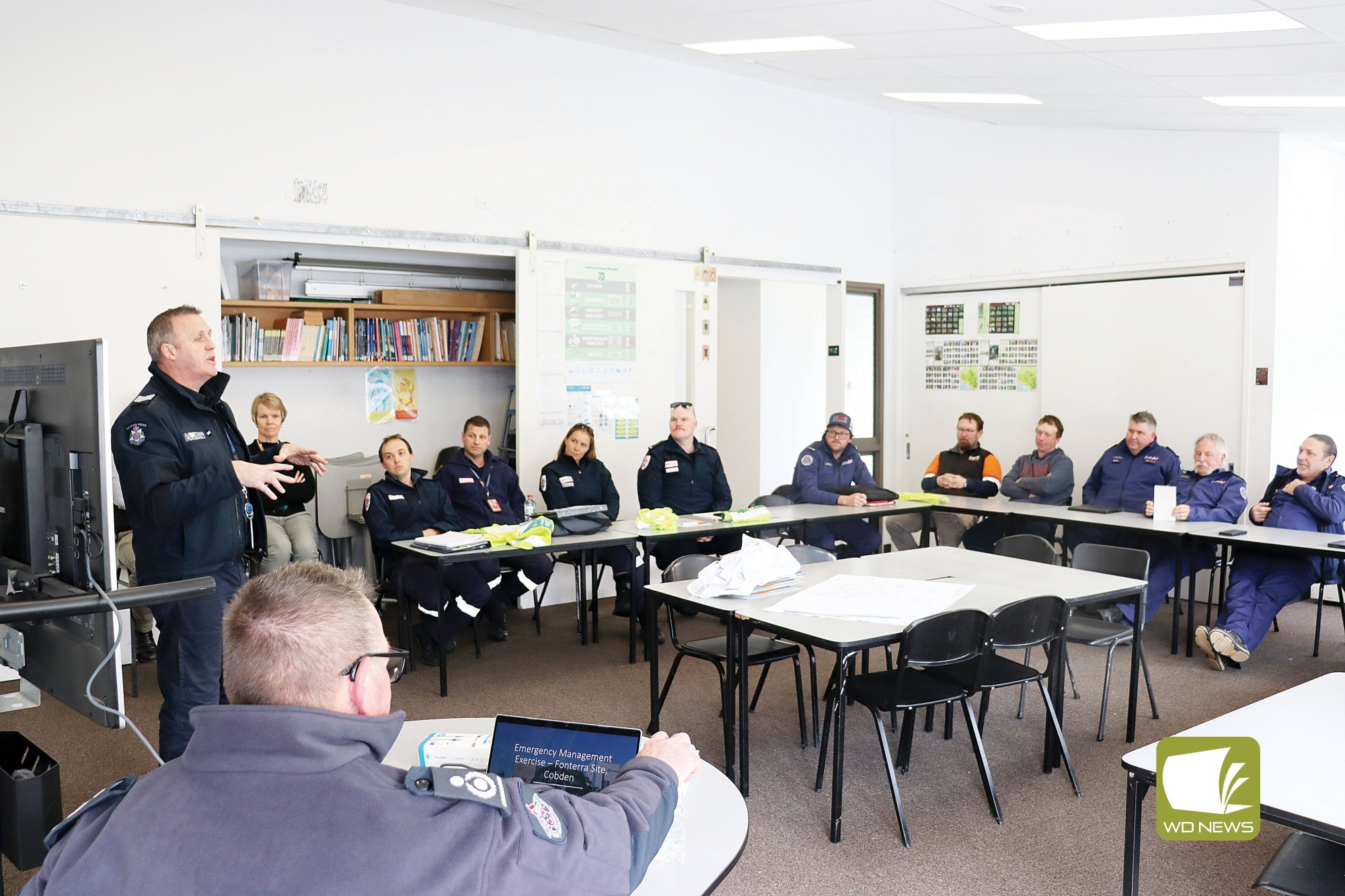Working together: Cobden Police sergeant Craig Jenkins leads a mock incident scenario involving a variety of emergency response agencies.