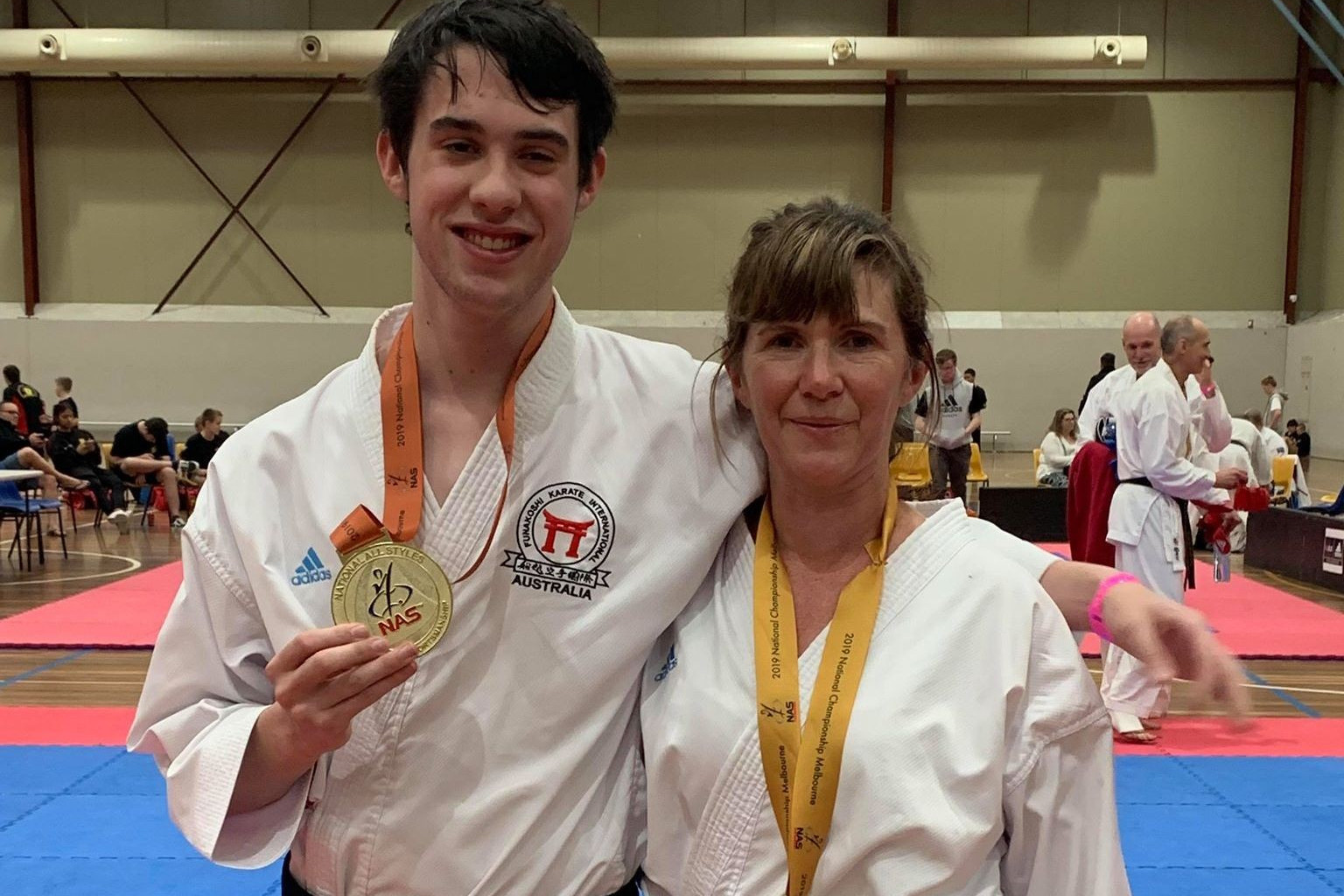 Successful Funakoshi Karate competitors, mother and son, Jill (right) and Tobi Cole.