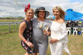 Fun festivities: Warrnambool’s Marea Corbett (from left), Michelle Walkley and Fiona Grundy were among the revellers at the 2019 Mortlake Cup meet.