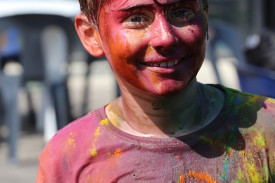 All colours: Mortlake P-12 College’s Sam Wareham was covered in coloured powder during the event.