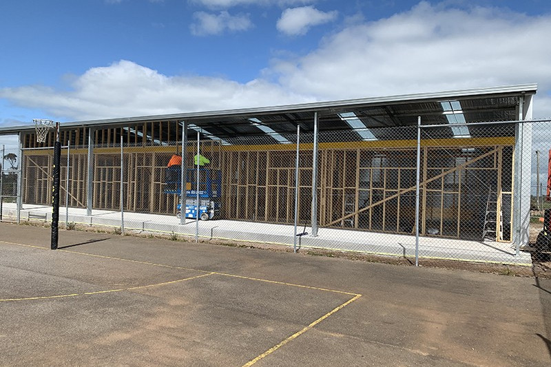 Taking shape: Woorndoo’s new netball hub at the Woorndoo Recreation Reserve is set for completion in mid-November, with the roof and main internal structure now in place.