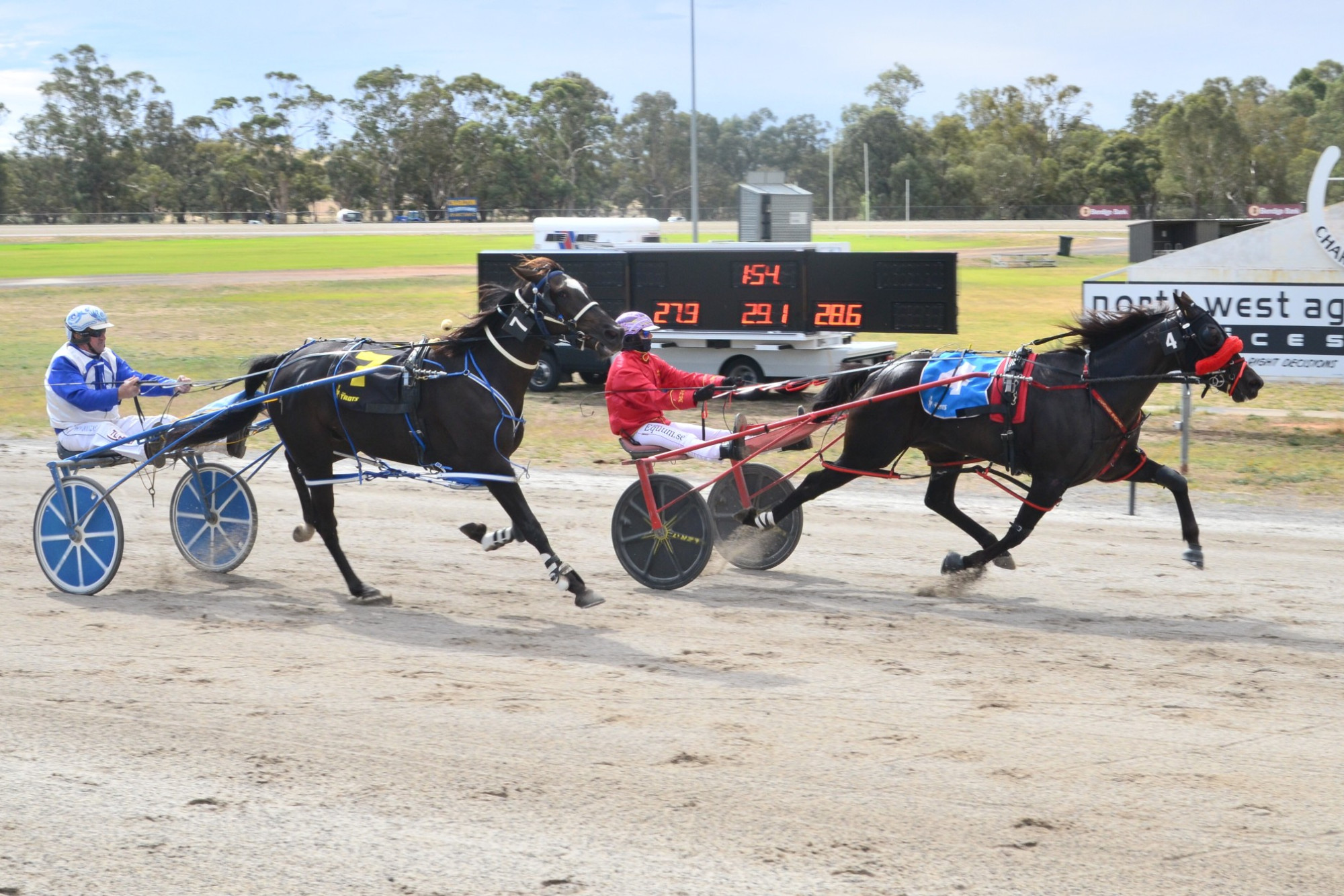 ImASportsstar and Sofia Arvidsson cross the line first in the Charlton and District Community Bank pace on Sunday. Photo supplied by Geoff Durn/Charlton Harness Racing Club.