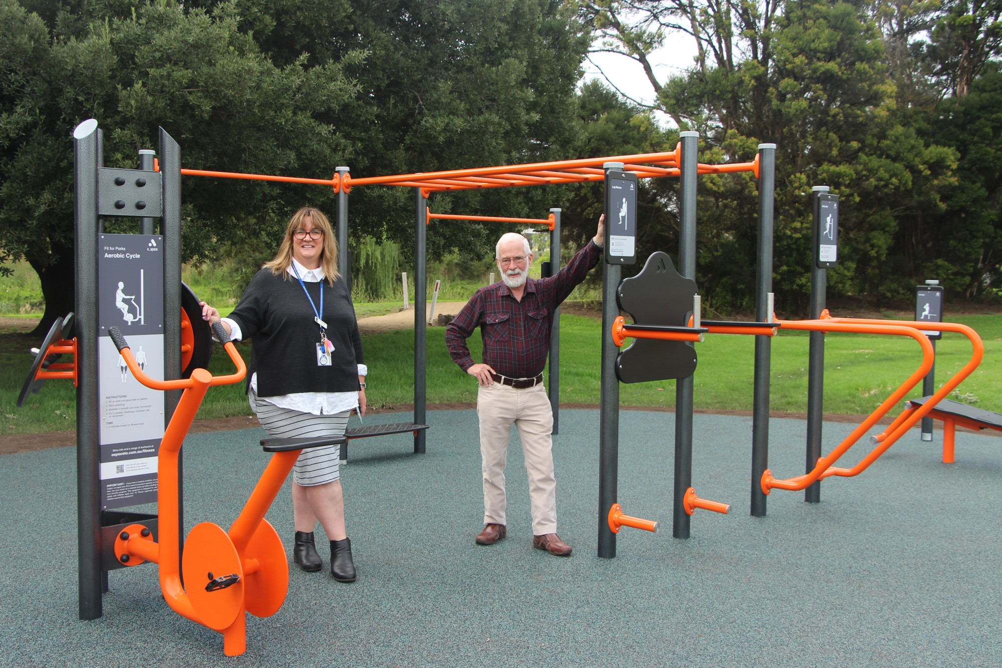 Workout: Moyne Shire community development officer Shelley Firth and Mortlake Community and Development Committee president Kelvin Goodall enjoying the new workout equipment at Tea Tree Lake.