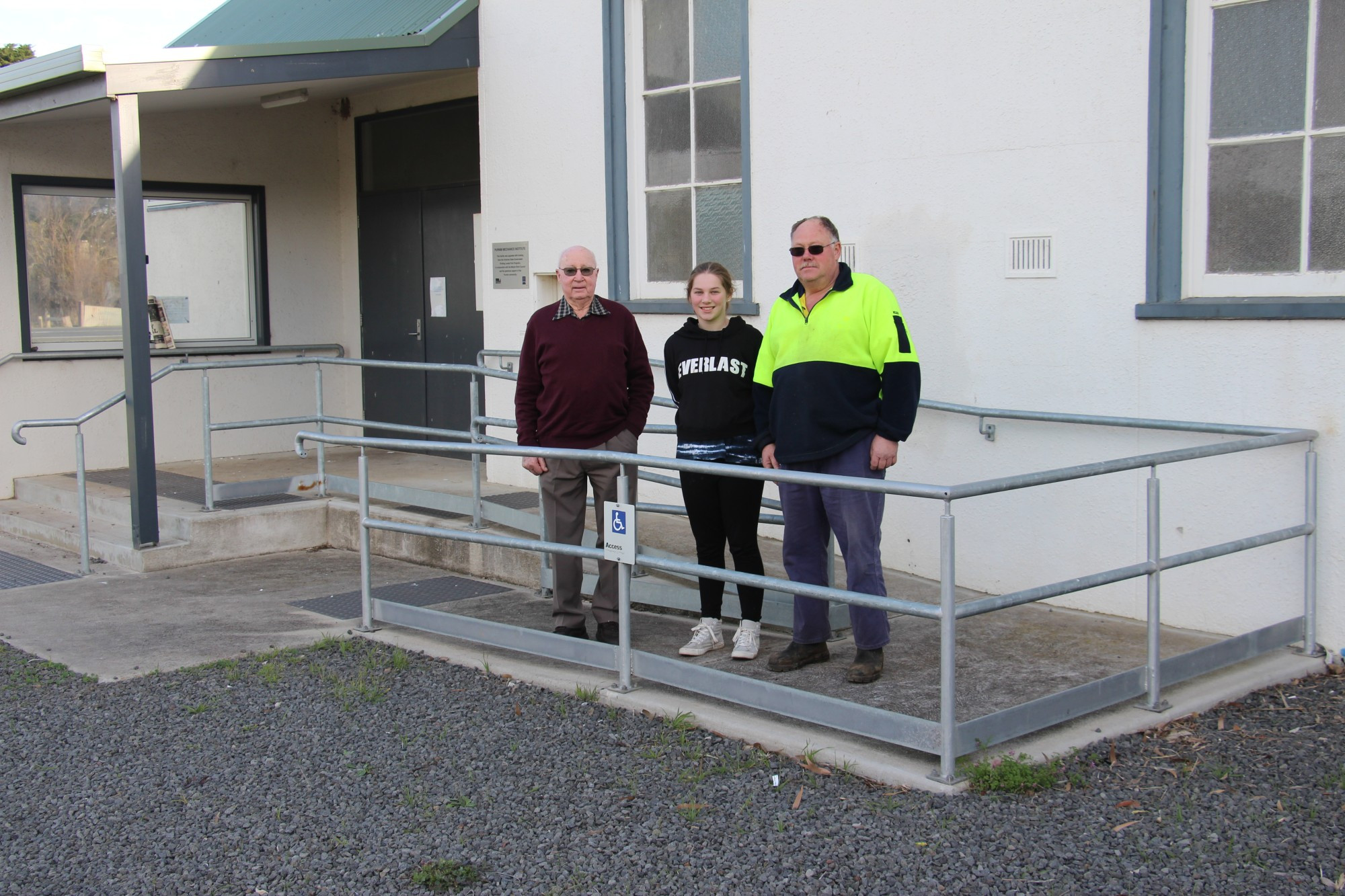 Project move: Purnim residents Ray Eccles and Keeley Ackerley and Purnim Hall committee and community group vice president David Ackerley were pleased Moyne Shire Council allocated $25,000 in funding for the construction of footpaths and disabled parking as part of the 2020/21 Budget.