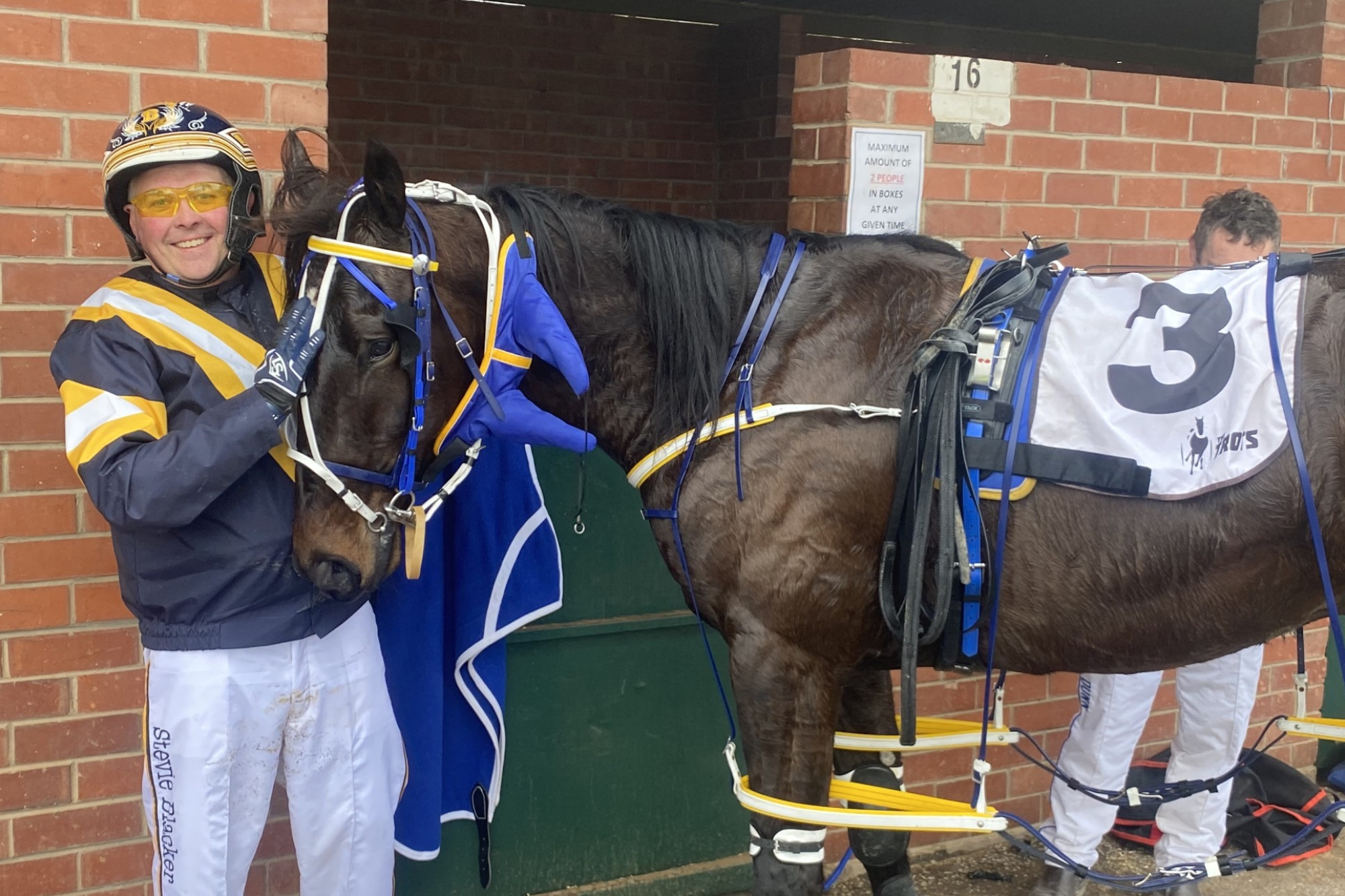 The smile could not be wiped off former Mortlake local Steve Blacker’s face after he drove a horse he owns, Kolovos, to victory in his first ever harness racing drive at Mildura last Friday. Picture supplied by Mildura Harness Racing Club