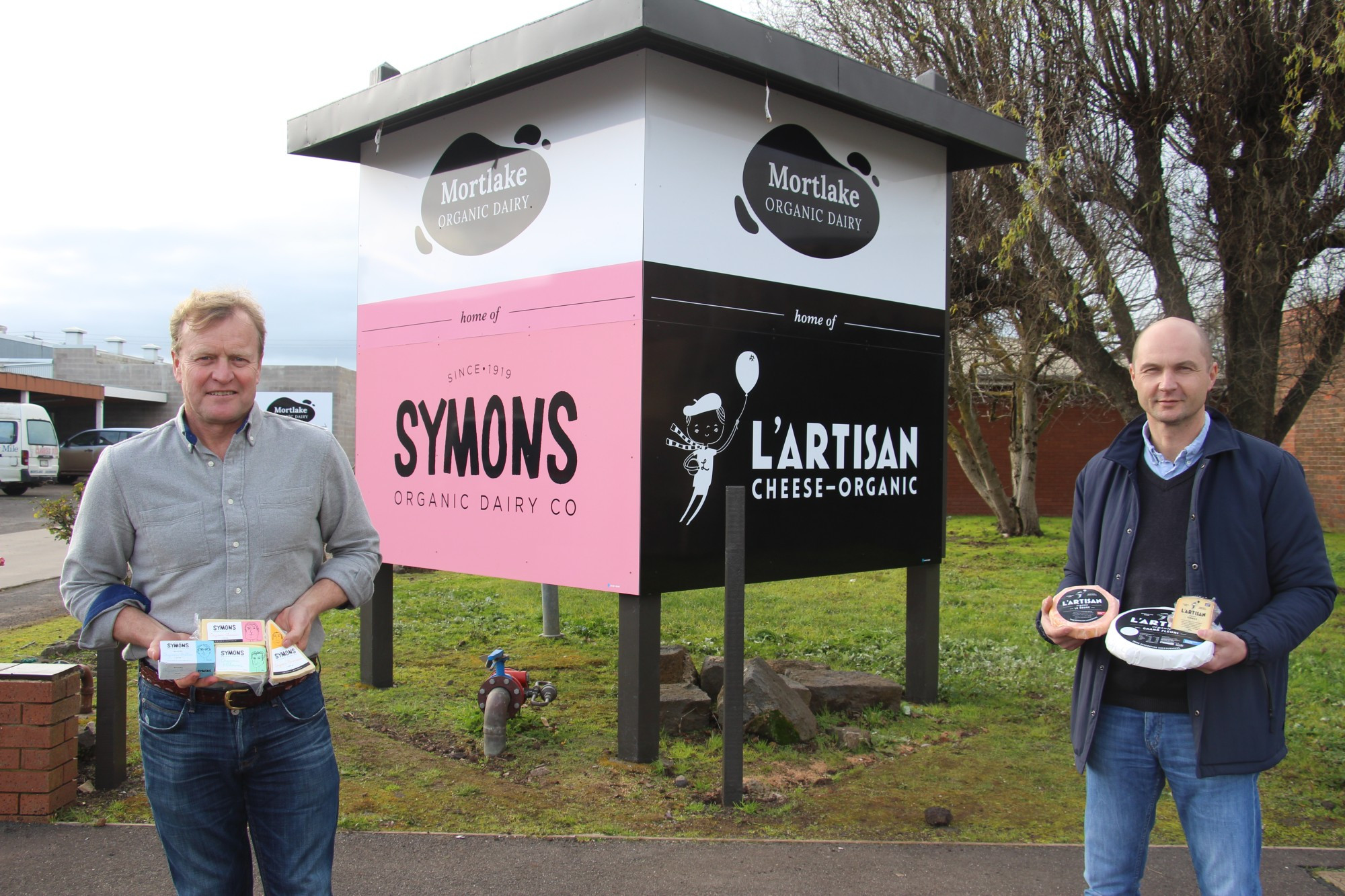 Artistic talent: Symons Organic Dairy’s Bruce Symons (left) and L’Artisan Cheese owner Matthieu Megard have brought their artisan and organic cheese companies to Mortlake as part of a joint venture. Turn to Page 2 for the full story.