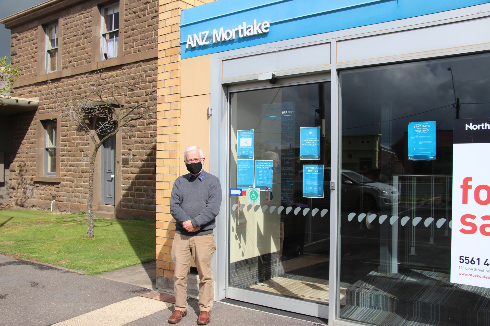 Angered: Mortlake Community Development Committee president Kelvin Goodall and fellow locals have expressed disappointment at the news Mortlake’s ANZ branch is set to close in March, 2021.