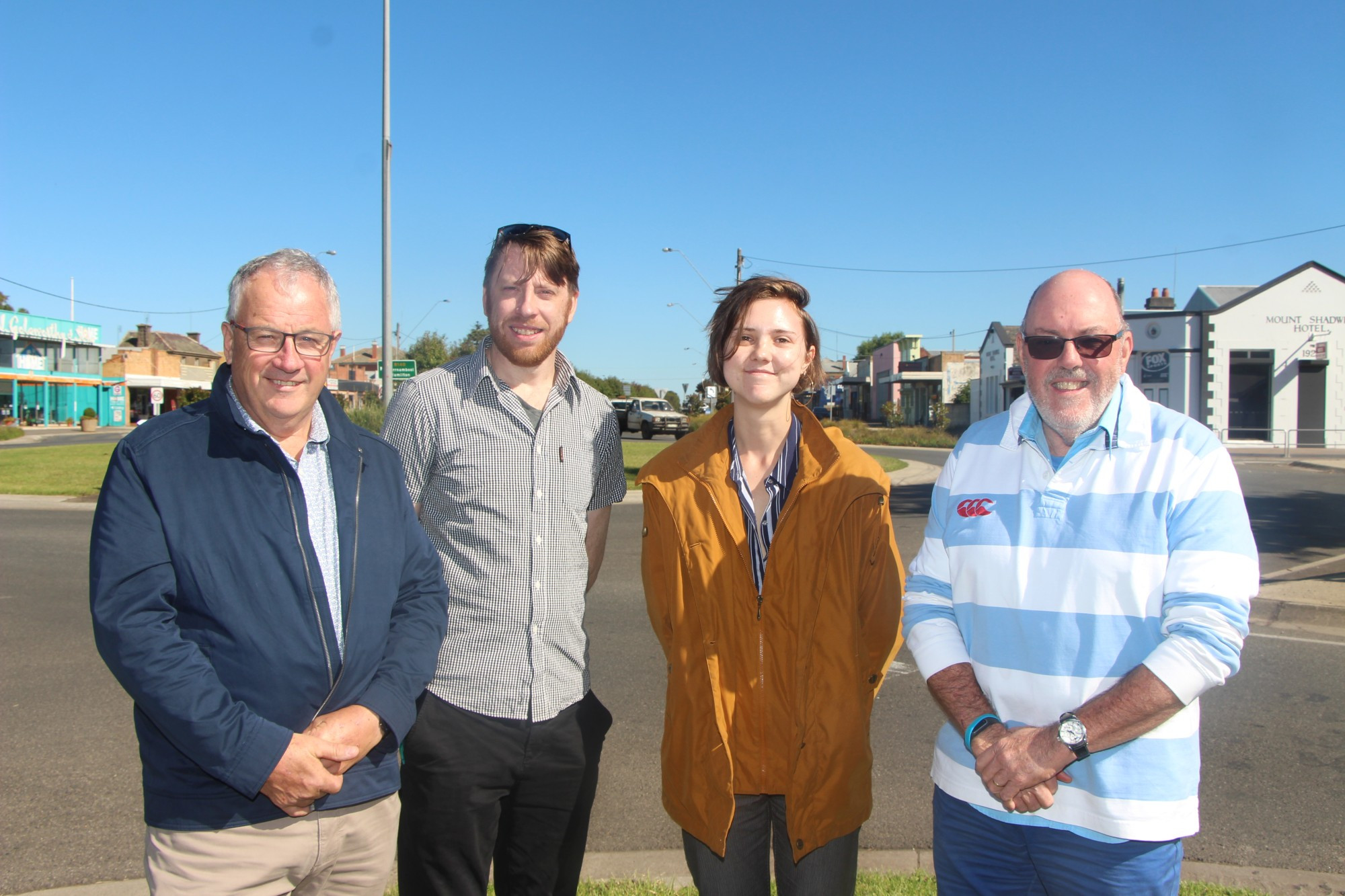 New concept: Former Moyne Shire councillor Colin Ryan, RE-Alliance Victorian coordinator Tony Goodfellow, RE-Alliance communications manager Lucy Allen and Mick Murphy OAM believe a joint community fund would best harness community dollars from wind farms.