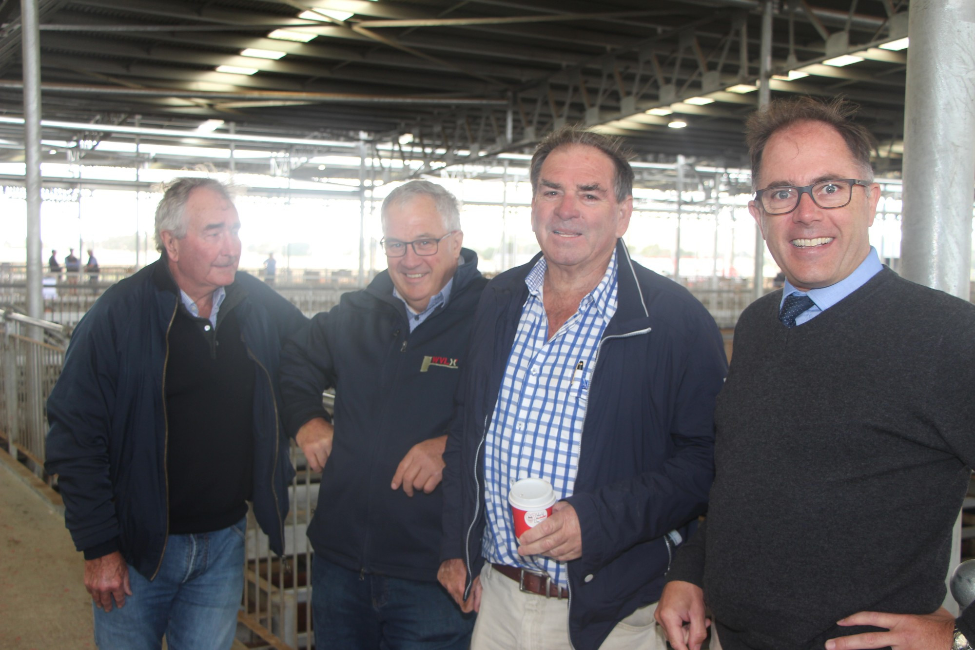 Saleyard success: Moyne Shire councillor Ian Smith, Western Victoria Livestock Exchange business development manager Colin Ryan, Western Victoria Livestock Exchange director Brendan Abbey and Polwarth MP Richard Riordan met for an update on the saleyards.