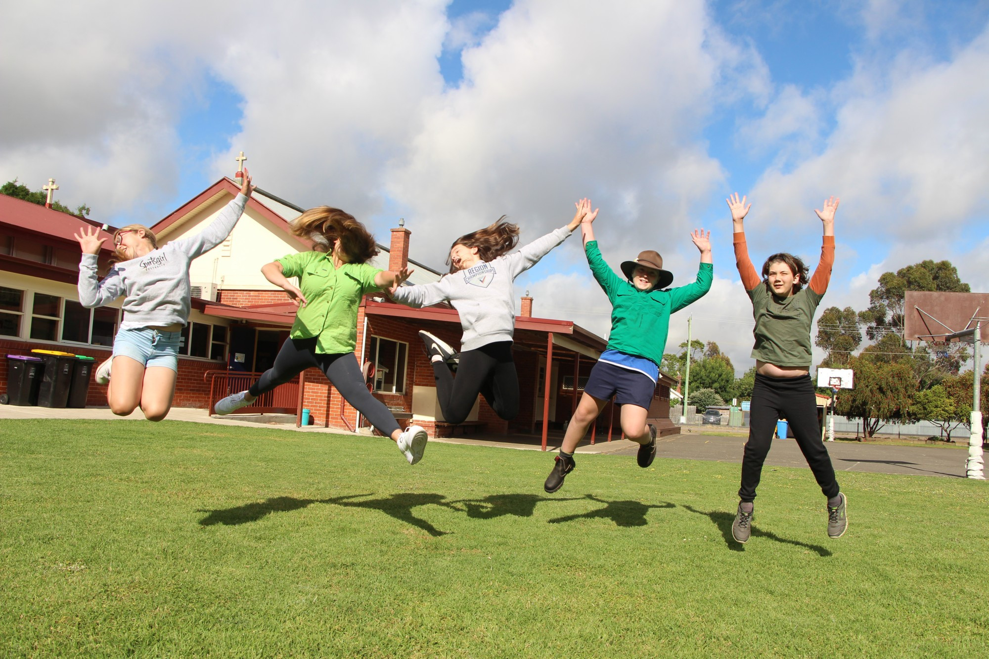 We made it: Students from St Colman’s Primary School (Maddi Cameron, Ava Wardlaw, Pippa Barr, Johno Carmody and Kaison Jubb) celebrated their final day at primary school last week.