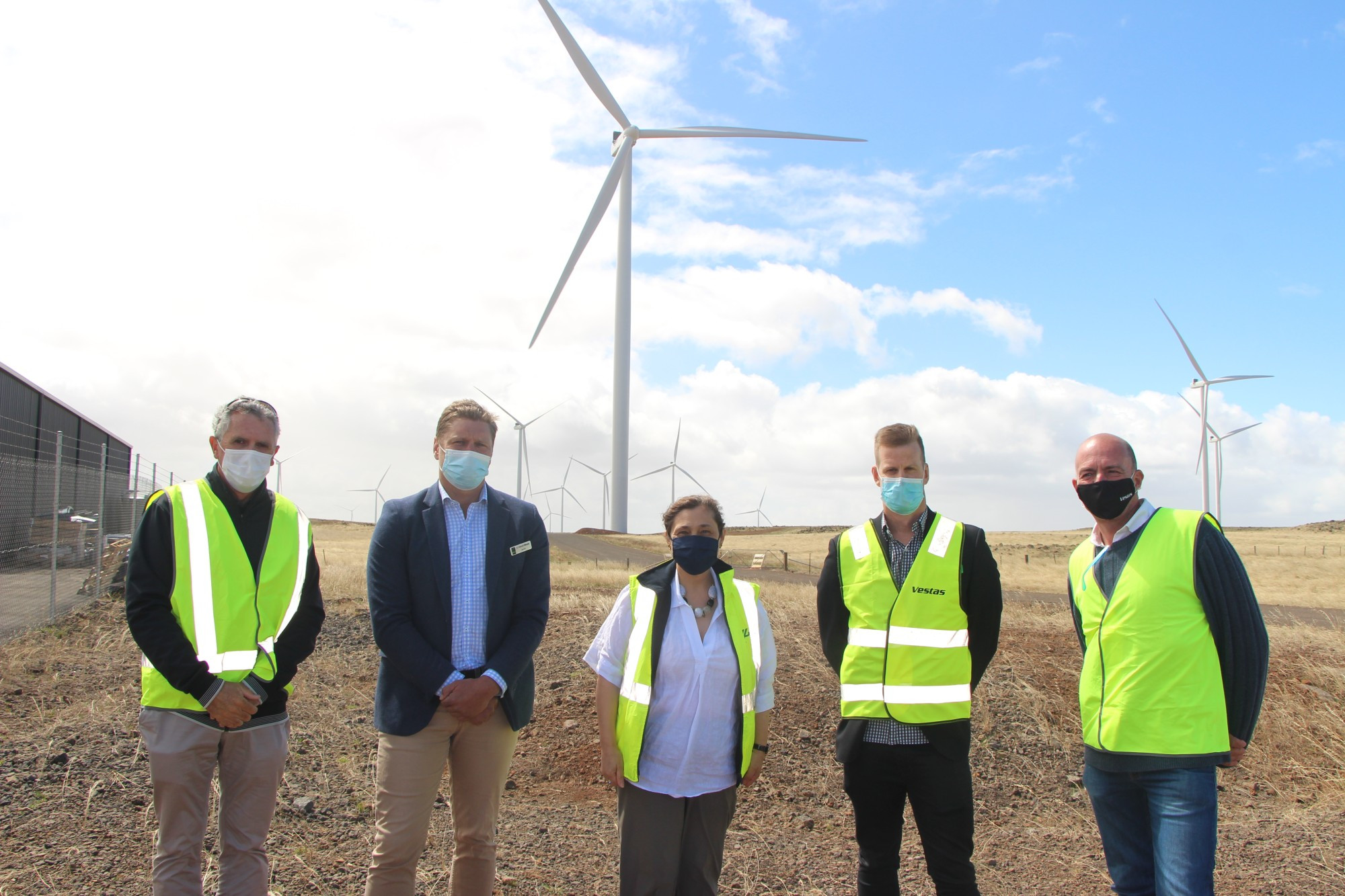 Operational: Moyne Shire chief executive officer Bill Millard (from left), Moyne Shire mayor Daniel Meade, Minister for Energy, Environment and Climate Change Lily D’Ambrosio, Tilt Renewables executive general manager Clayton Delmarter and Vestas country head of Australia and New Zealand Peter Cowling welcomed the announcement of the Dundonnell Wind Farm sending power to the grid.