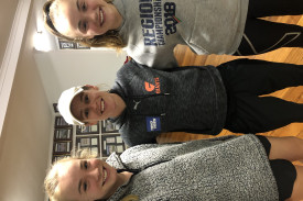 Sophie Curran (left) and Matilda Curran enjoyed the chance to rub shoulders with Greater Western Sydney Giant Alicia Eva post-training last week. 