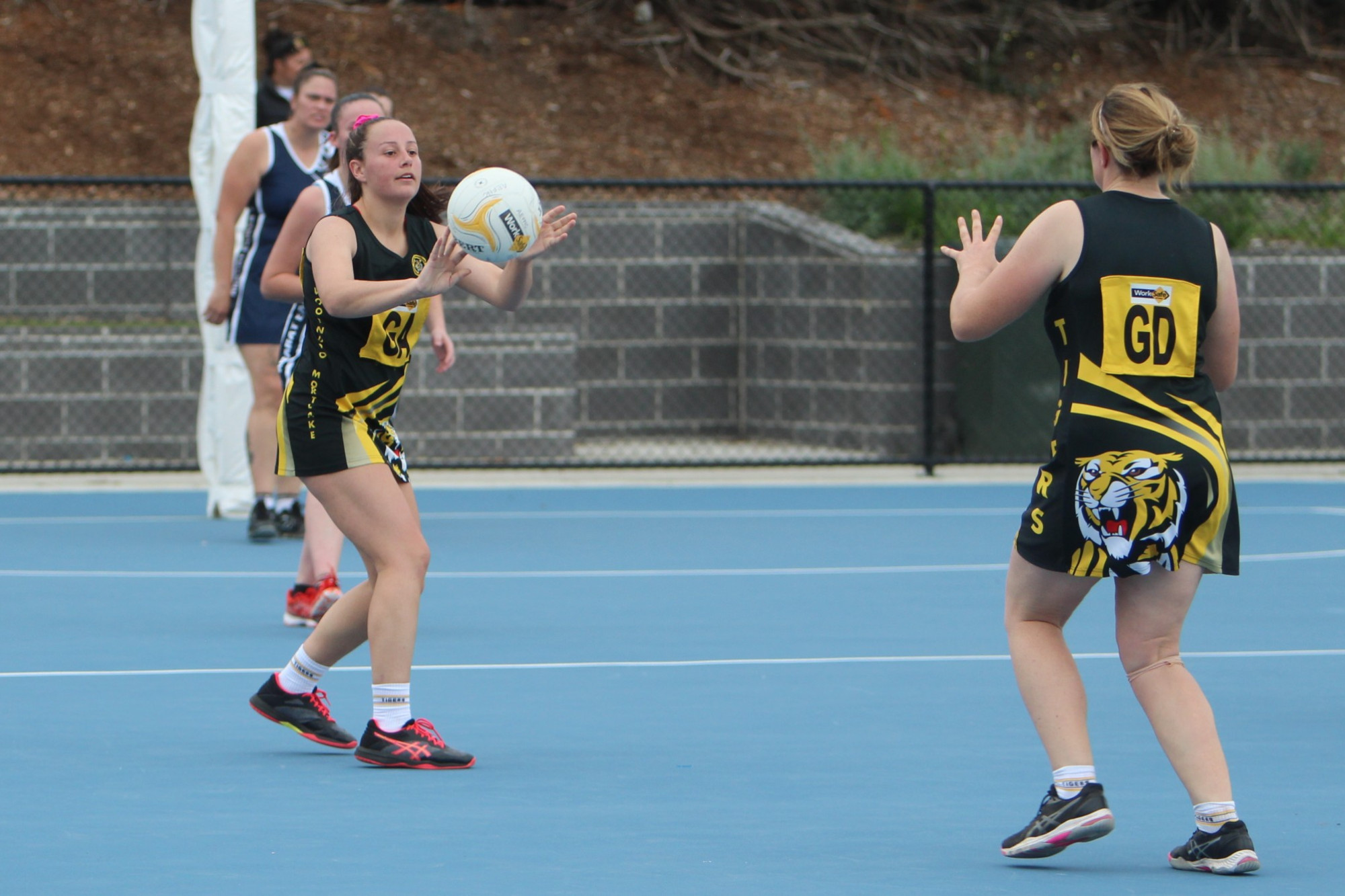 Happy: Woorndoo Mortlake coach Ash Spokes (left) receives a pass from Kate Jubb during the Tigers win over Ararat Eagles last Saturday. The first year mentor is pleased with her side’s start to the year.