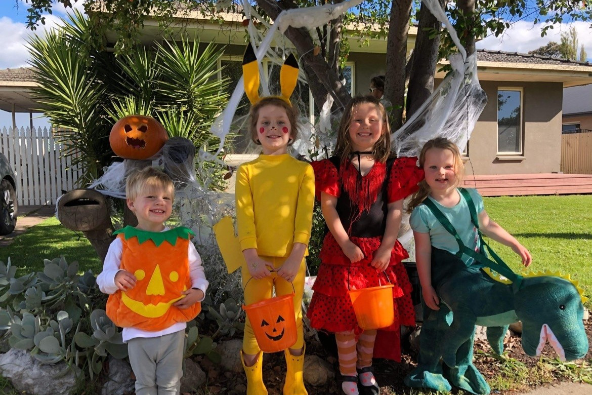 Oliver Thomas, Bonnie Harris, Ella, and Millie Harris enjoyed an evening of trick-or-treating in Terang.