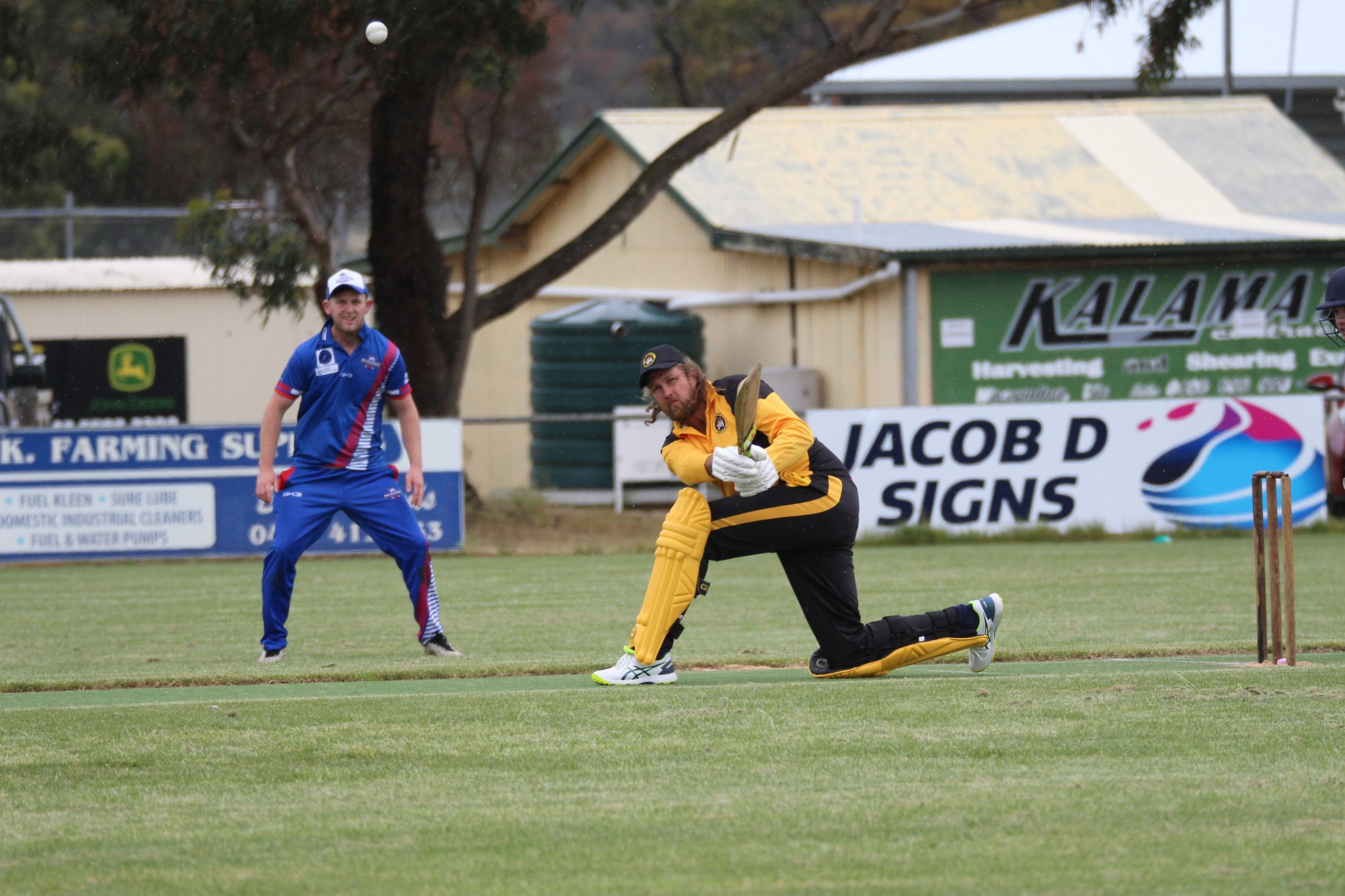 Quilting them: Woorndoo captain Grant Cameron plays a slog sweep in his knock of 71 during the Tigers win over Terang last Saturday.