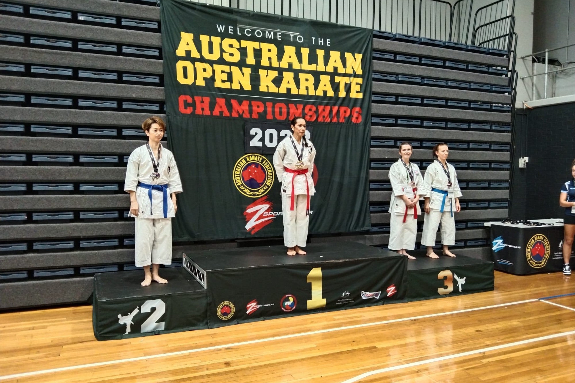 Funakoshi Terang dojo’s Jill Cole sensei (second from left) achieved another podium finish at the national championships.
