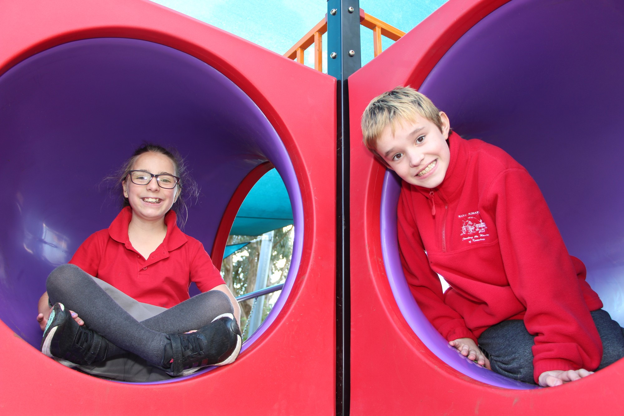 Building excitement: Noorat Primary School students, including Mackenzie Gurry and Duke Giles, were abuzz with excitement this week as the school completed construction on its new playground.
