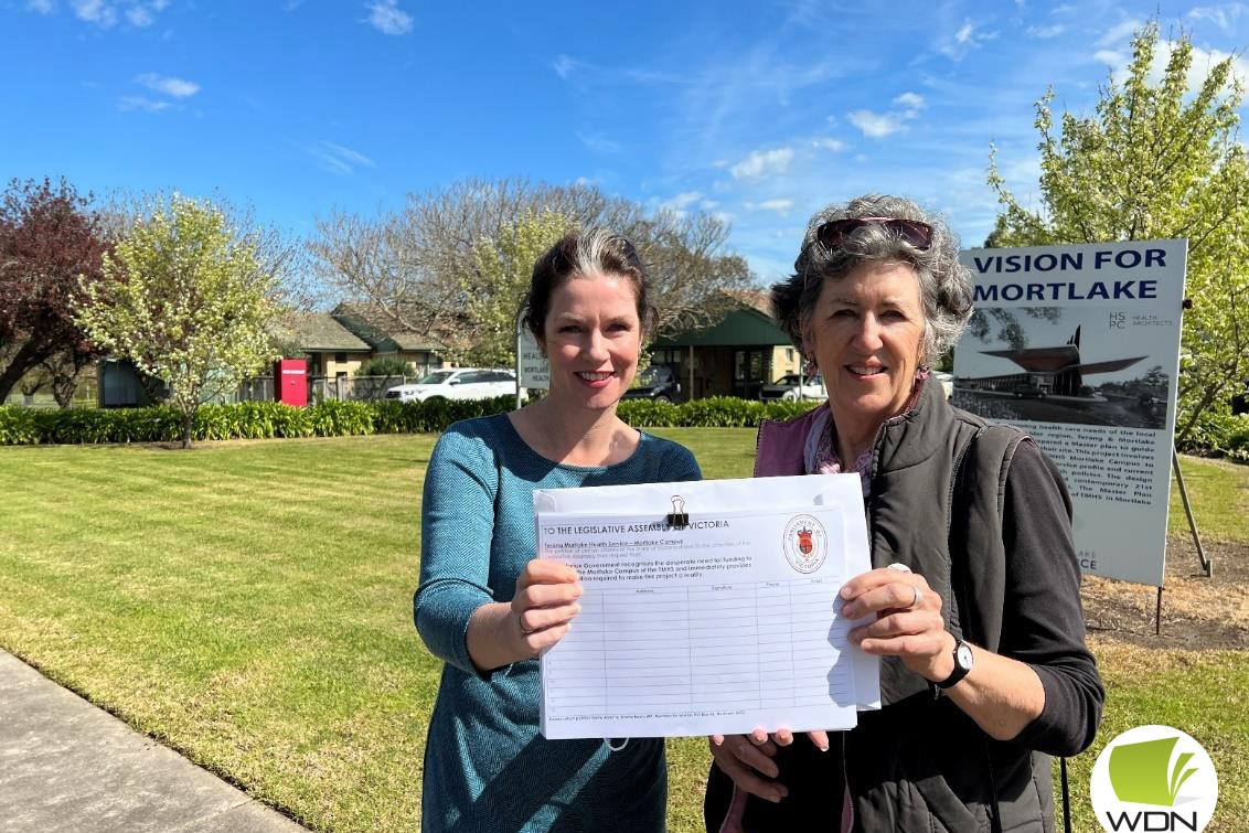 Waited long enough: Emma Kealy MP has launched a petition in a bid to secure funding for the $6.65 million redevelopment of the Terang and Mortlake Health Service’s Mortlake campus. Ms Kealy (left) is pictured discussing the petition with Mortlake resident Carolyn Warneminde.