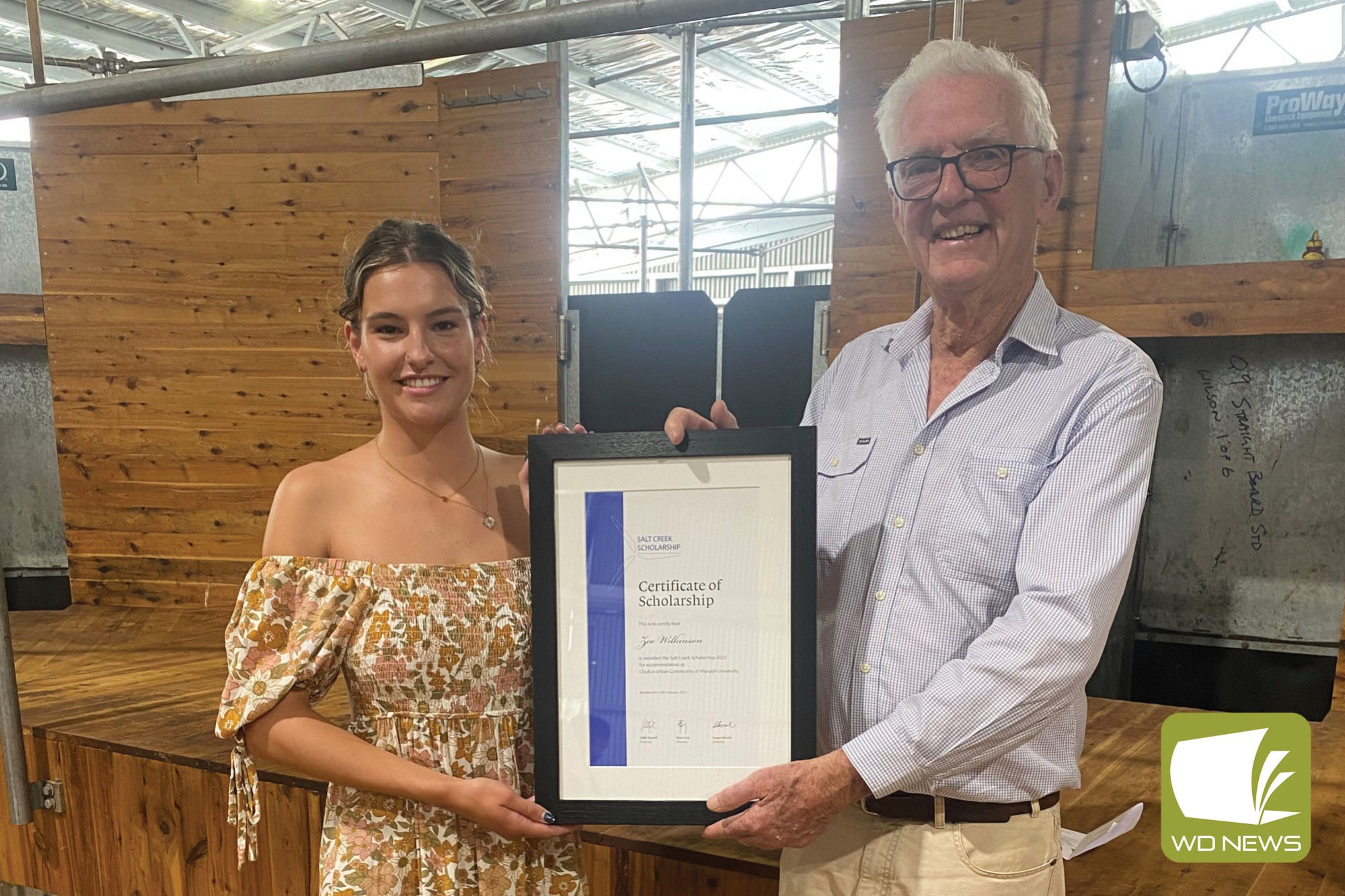 Unanimous selection: Camperdown’s Zoe Wilkinson has been named the 2023 recipient of the $30,000 Salt Creek Scholarship, which was presented to her last week by Salt Creek Merino Stud owner Peter Coy.