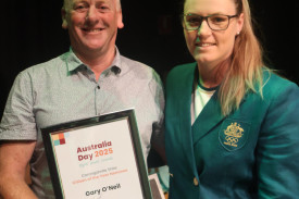 Brush with fame: Australia Day Citizen of the Year nominee Gary O’Neil couldn’t resist getting his certificate signed by guest speaker Penny Smith.