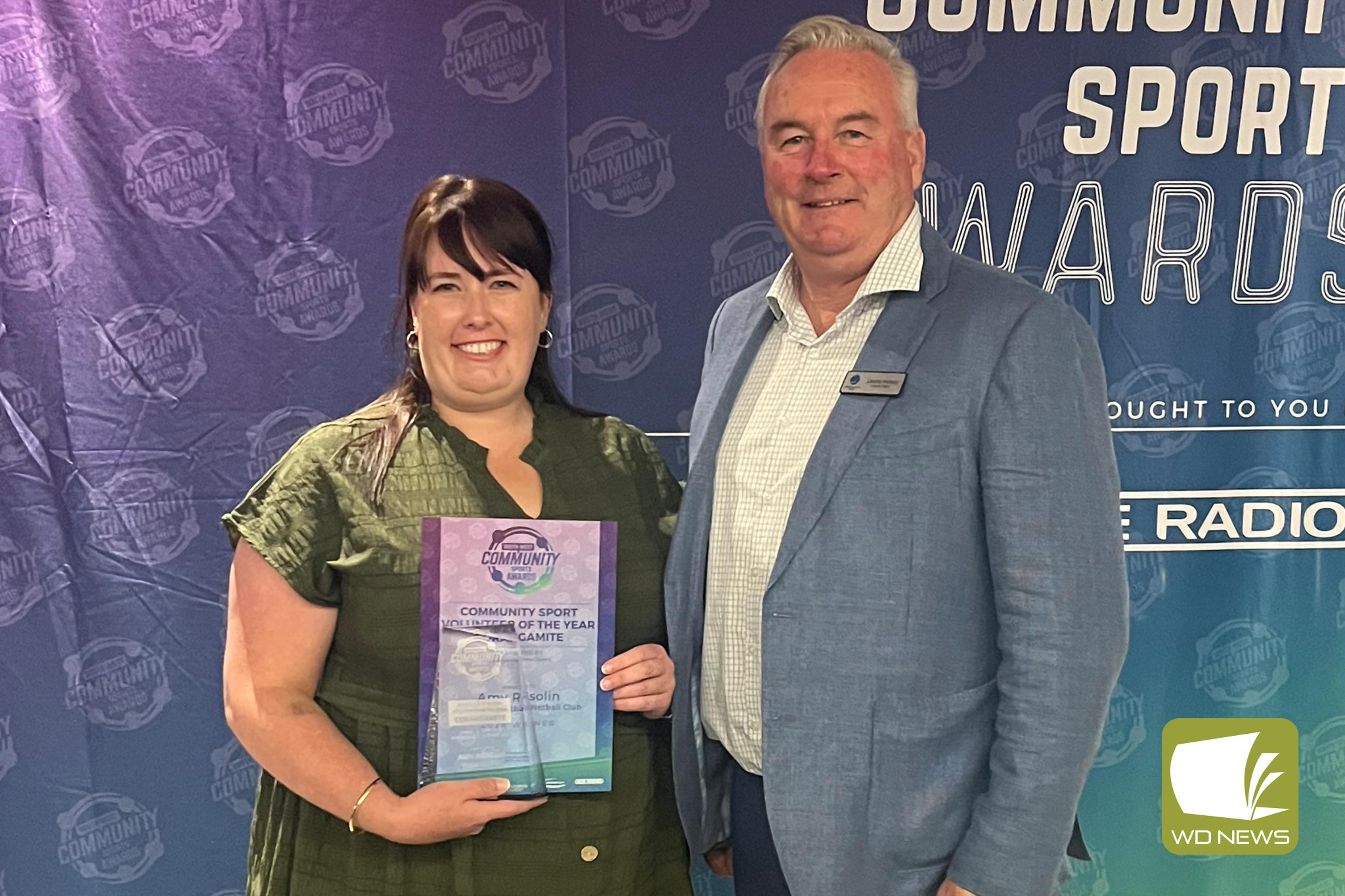 Amy Rosolin from the Timboon Demons, pictured with Corangamite Shire councillor Laurie Hickey, received the Corangamite Community Sport Volunteer of the Year Award.