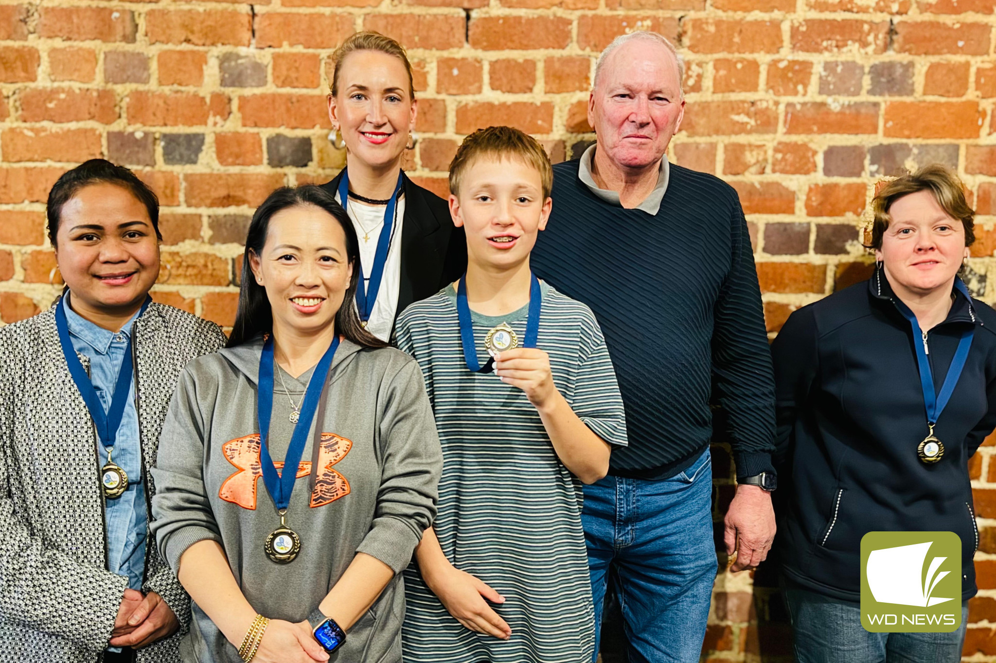 First runners-up, Elingamite: April McArthur, Charmaine Uy, Georgia Capizzi, Orson Capizzi, Barney Dickson and Carolyn Weller. Absent: Daniel Boyle.