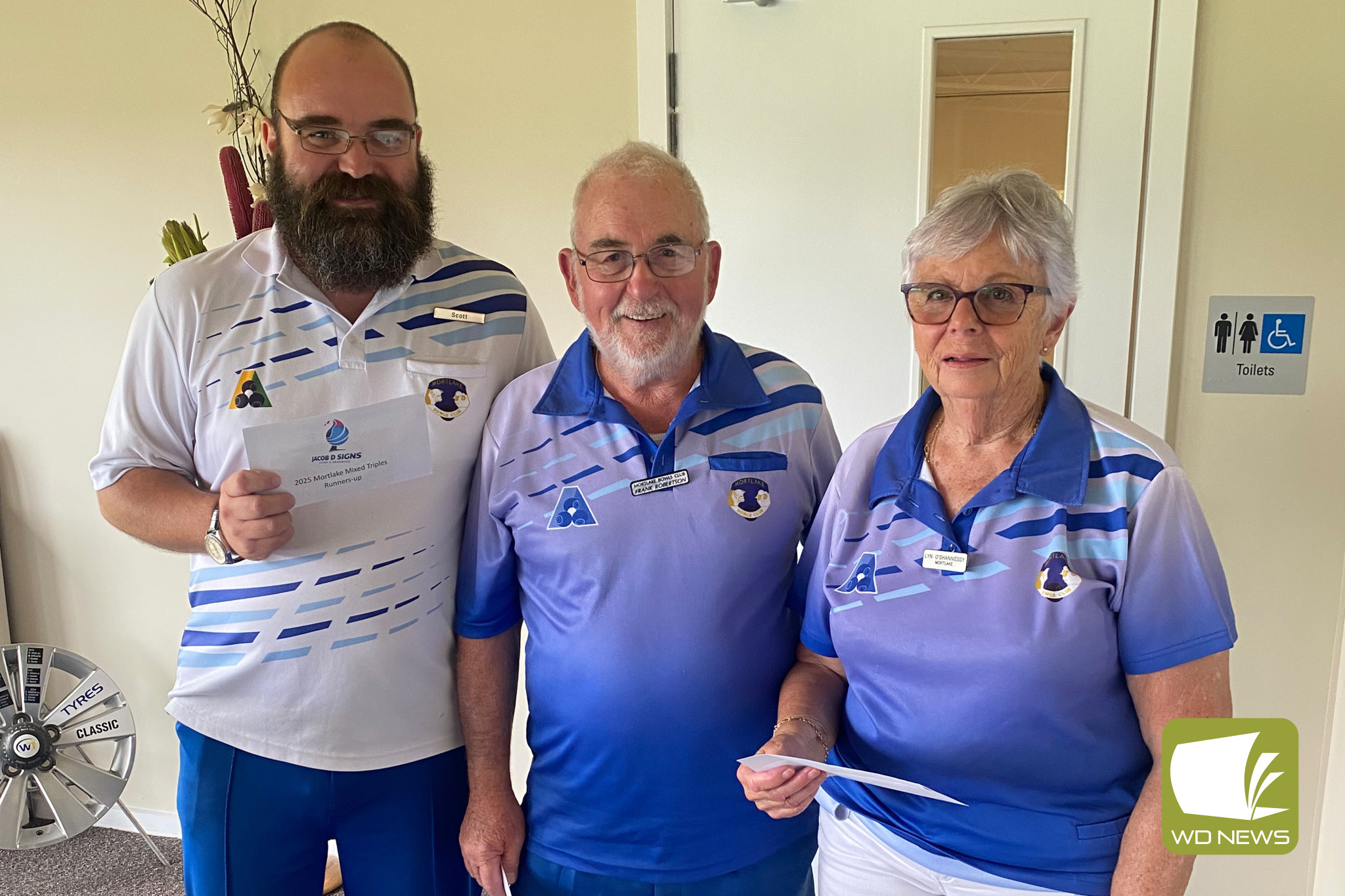 Mortlake mixed triples runners-up: Scott Pierce, Frank Robertson and Lyn O’Shannessy.