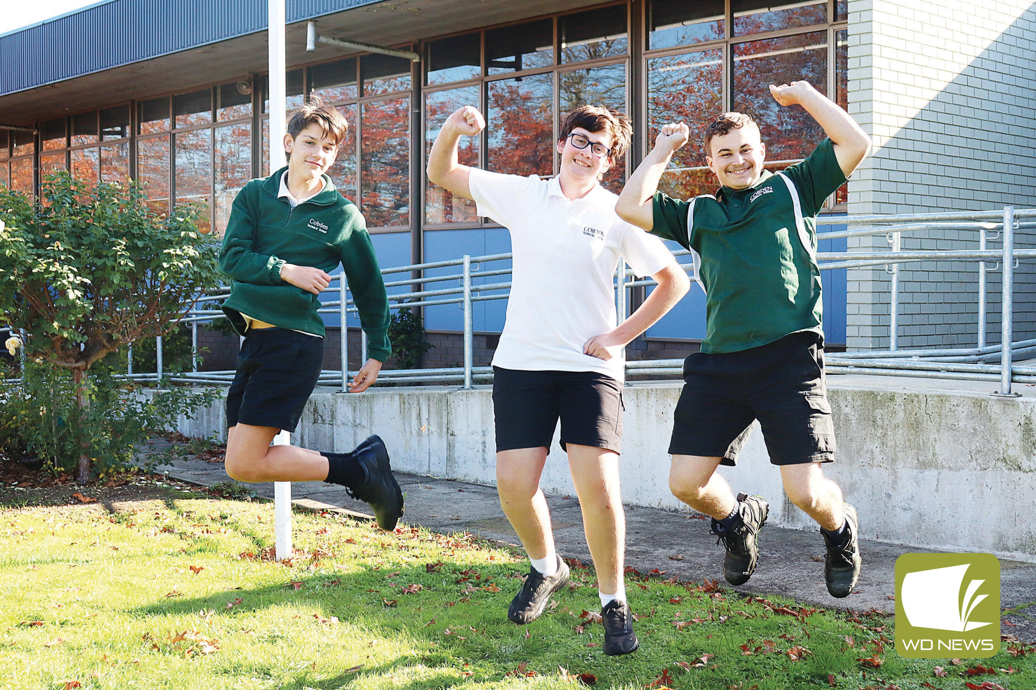 Cobden Technical School students Trent Chamberlian, Lenny Dobbin and Korie Hester were ecstatic with news the school received $6.6 million in funding for the long-awaited school rebuild.