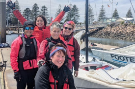 ‘Team Derri’ competing in South Australia: Susannah Gillam, Lou Hollis, Tapanga Barnhart and Megan Leersen with (at rear) supporter, Stacie.