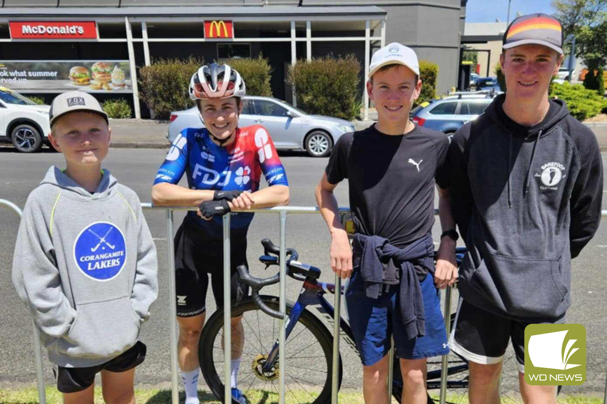 Camperdown Cycling Club members with Grace at the end of the Warrnambool Women’s cycling classic.