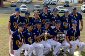 Cobden Mortlake’s under 15 side celebrate a premiership.